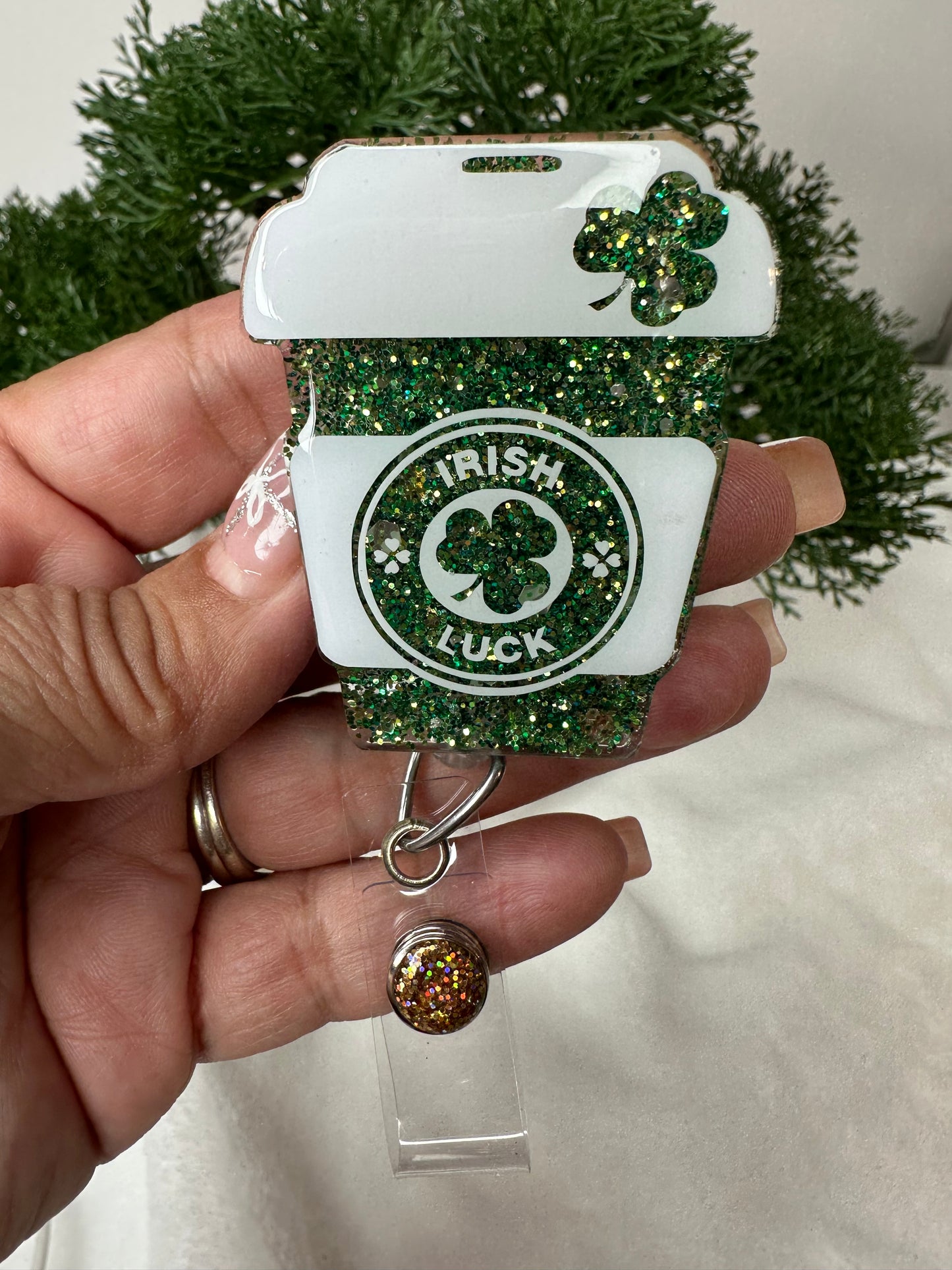 Irish Luck Coffee Cup Badge Reel