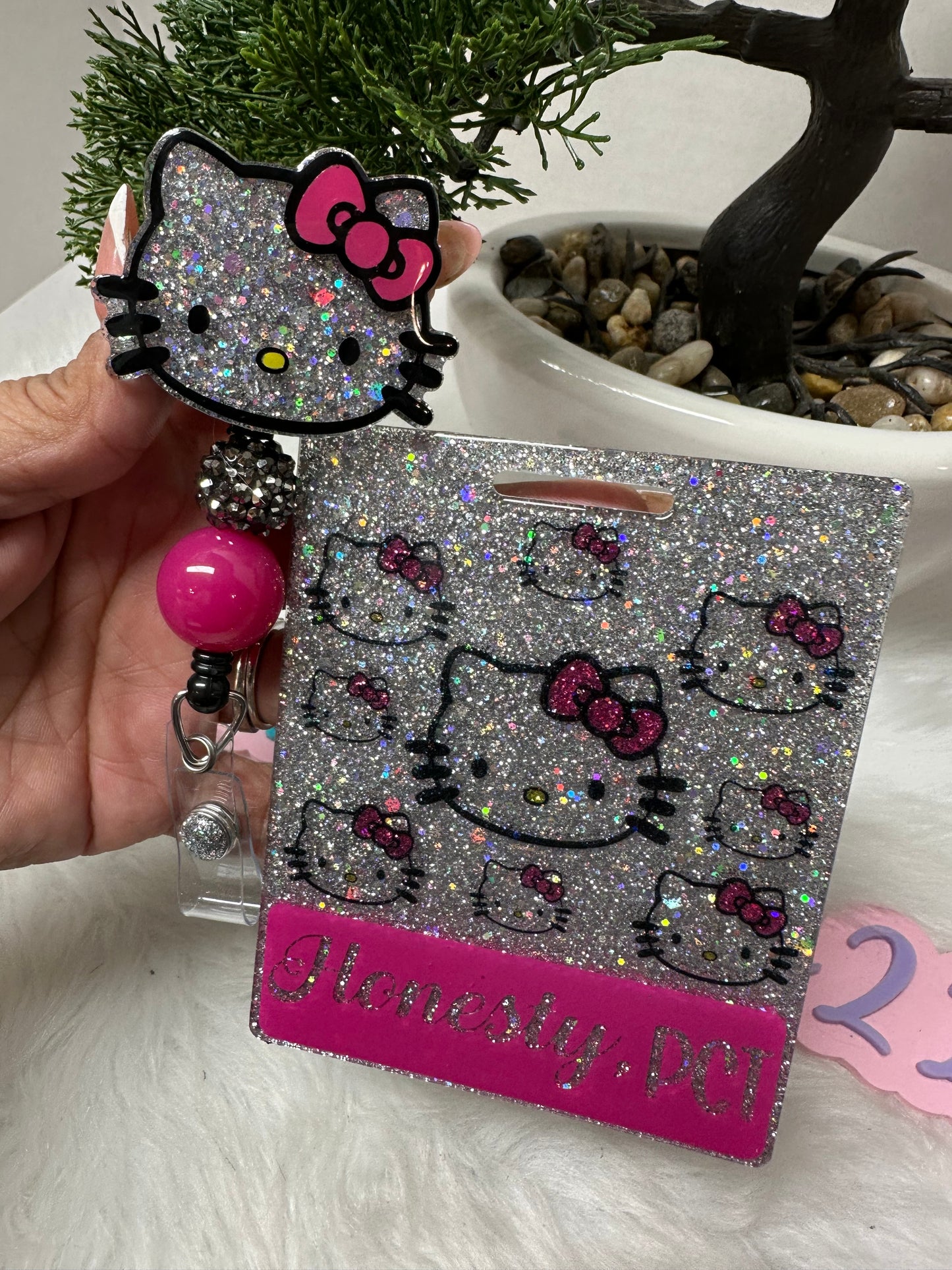 Extended Holographic Silver Kitty Badge Buddy Set