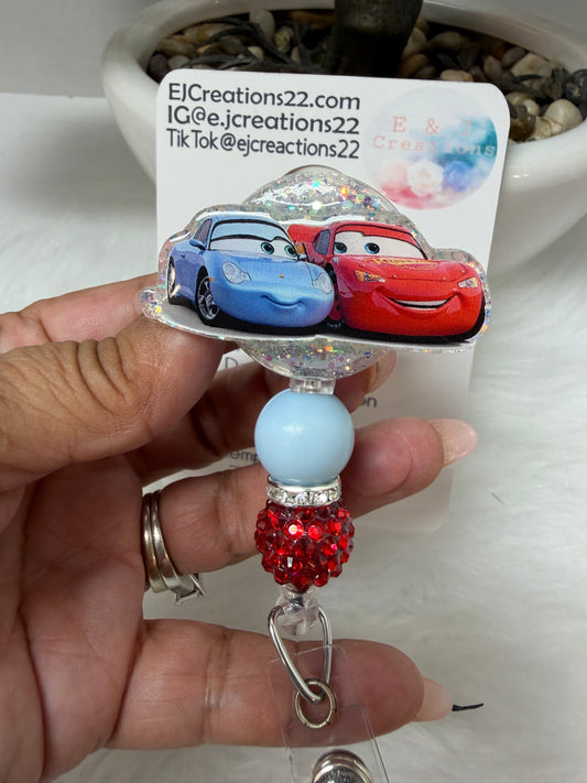 Sally and Race Car Badge Reel