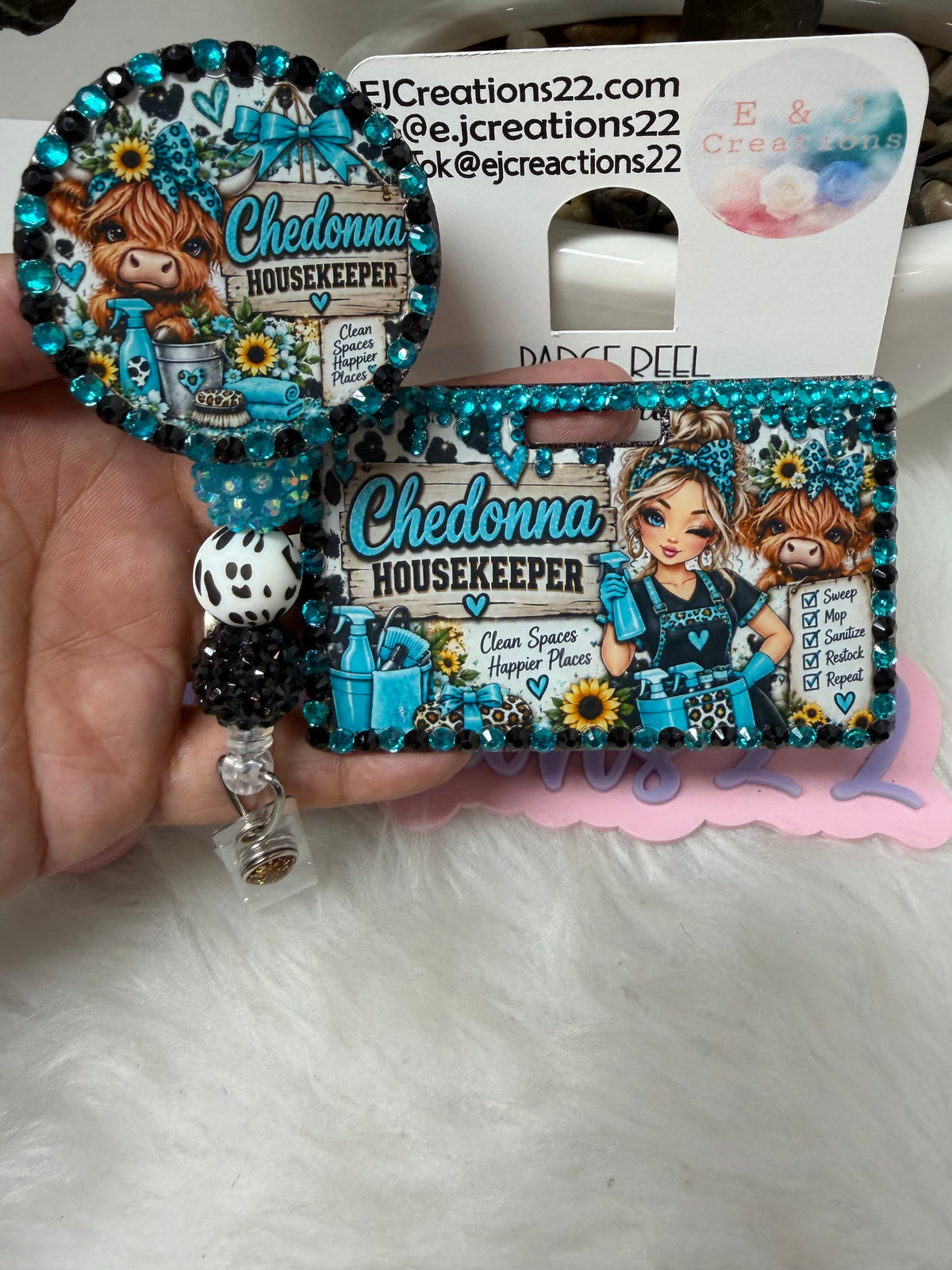 Bedazzled Highland Cow ID Badge set