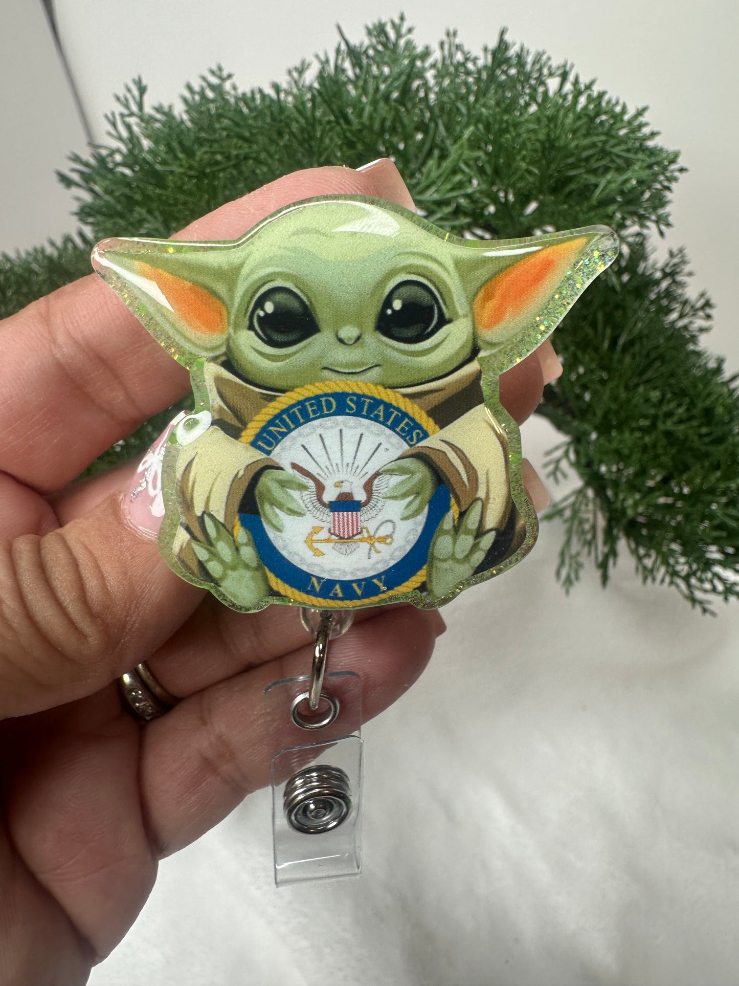 Baby Green Alien Navy Badge Reel