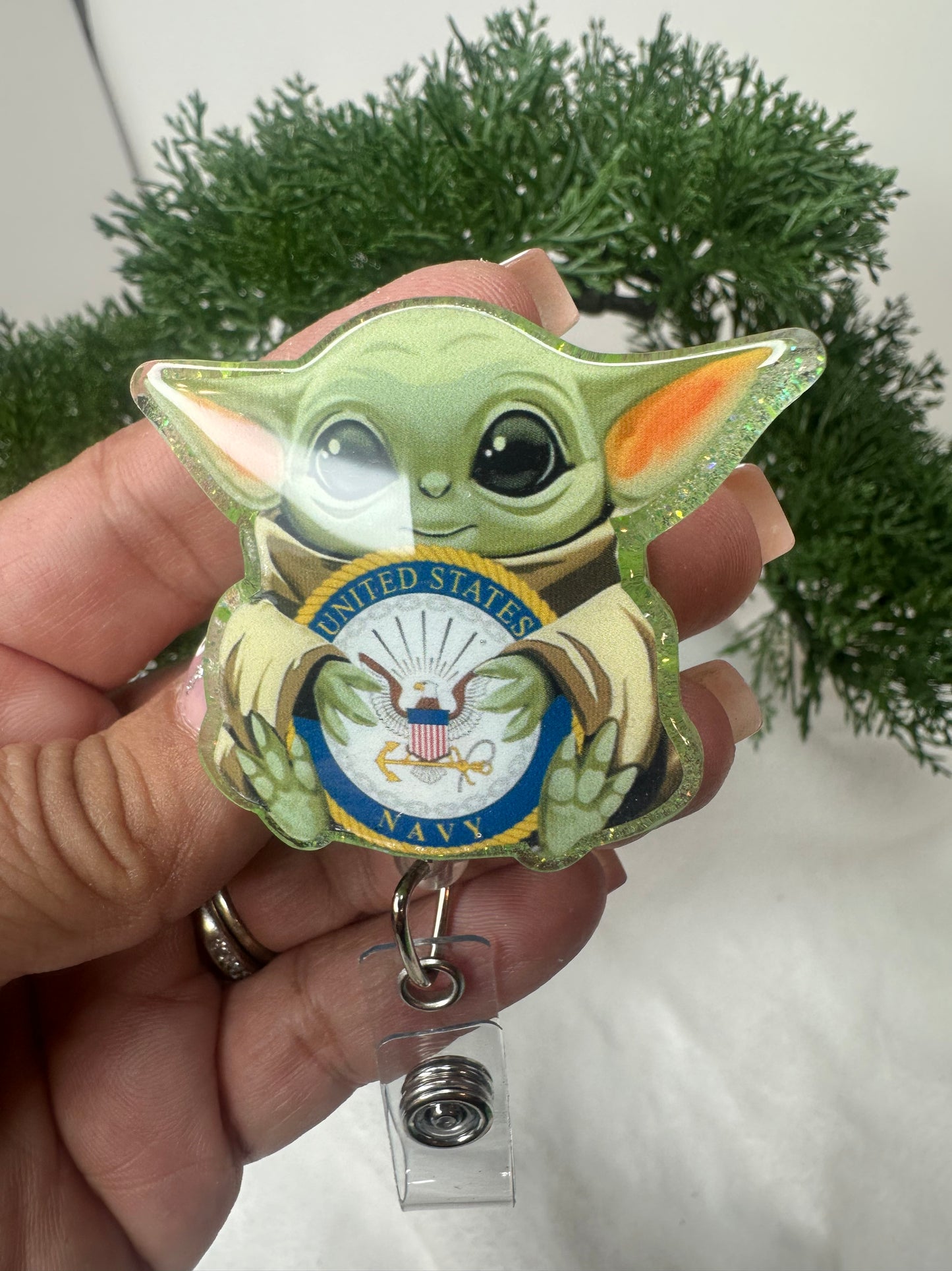 Baby Green Alien Navy Badge Reel