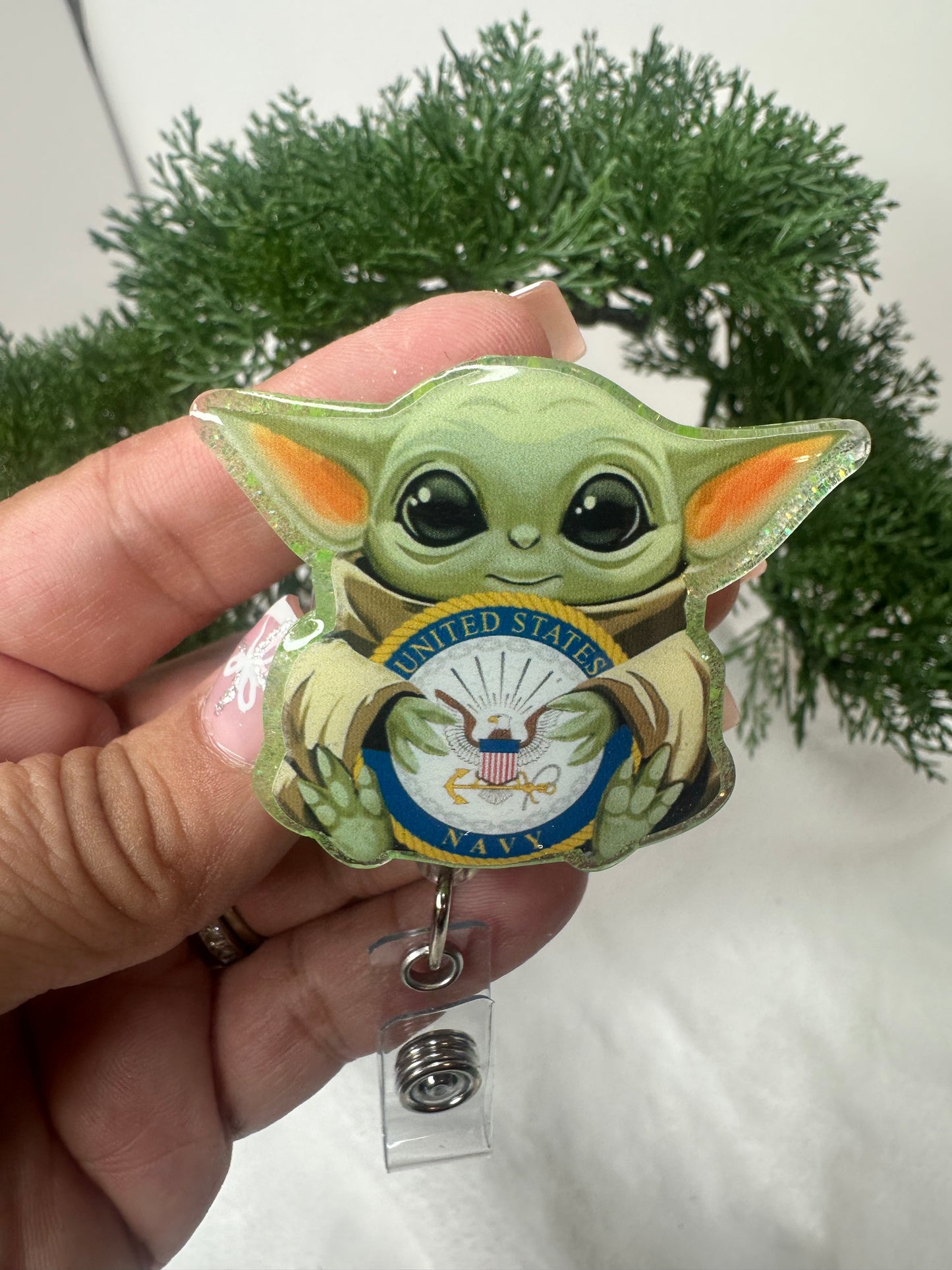 Baby Green Alien Navy Badge Reel