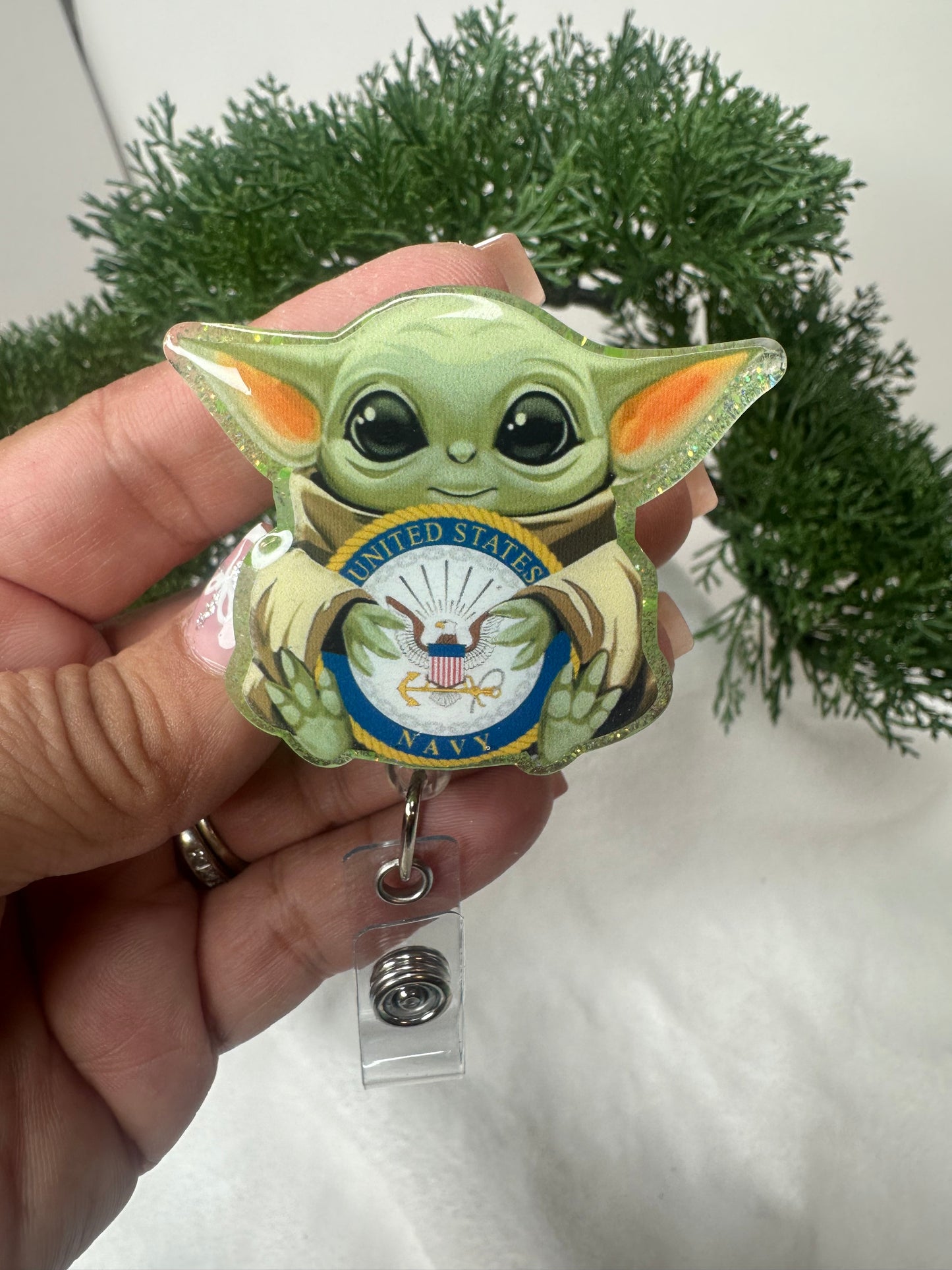 Baby Green Alien Navy Badge Reel