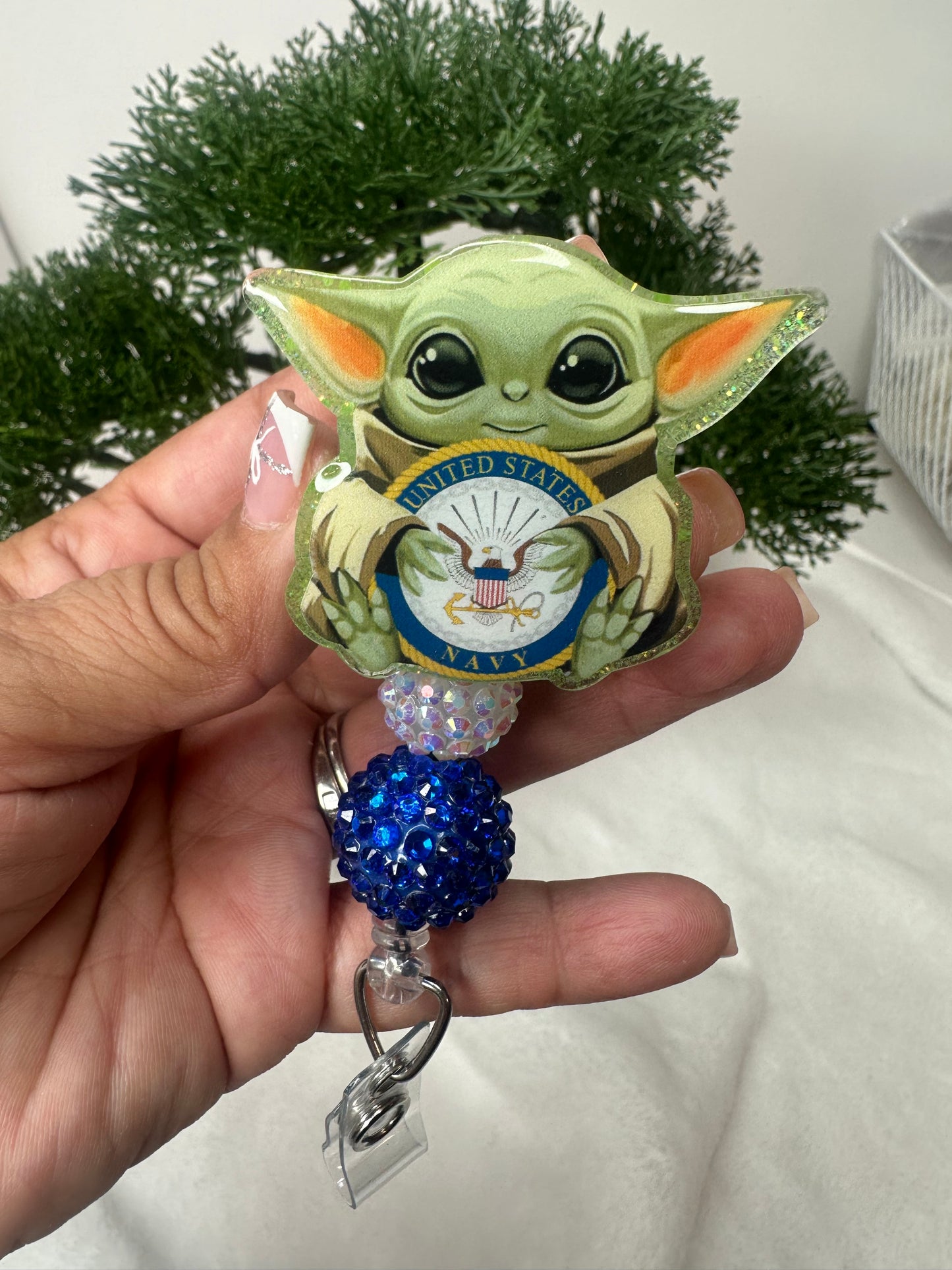 Baby Green Alien Navy Badge Reel