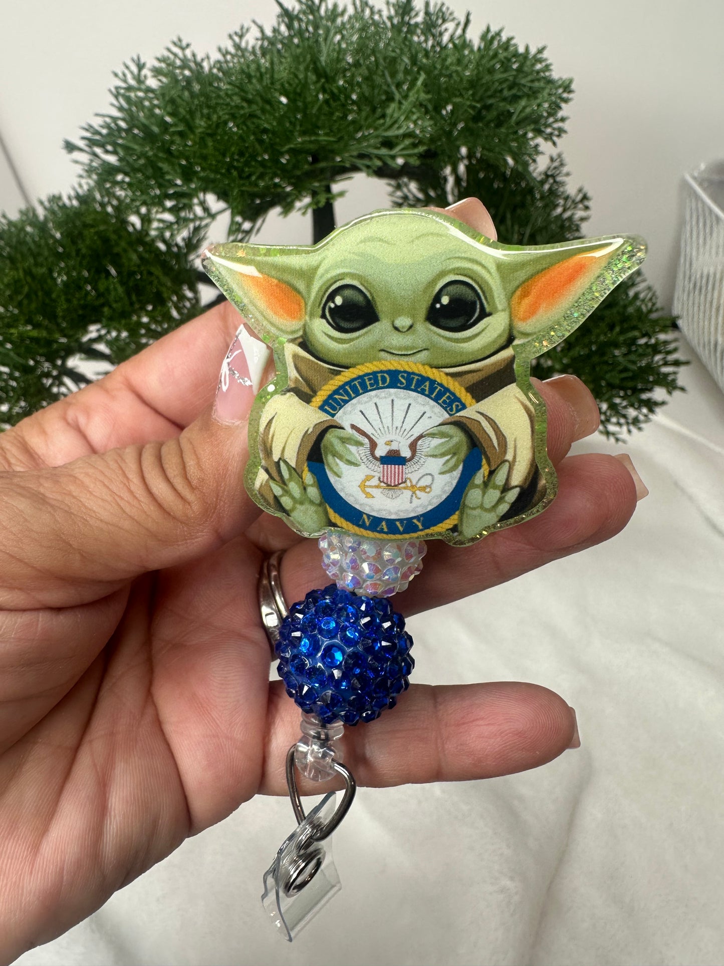 Baby Green Alien Navy Badge Reel