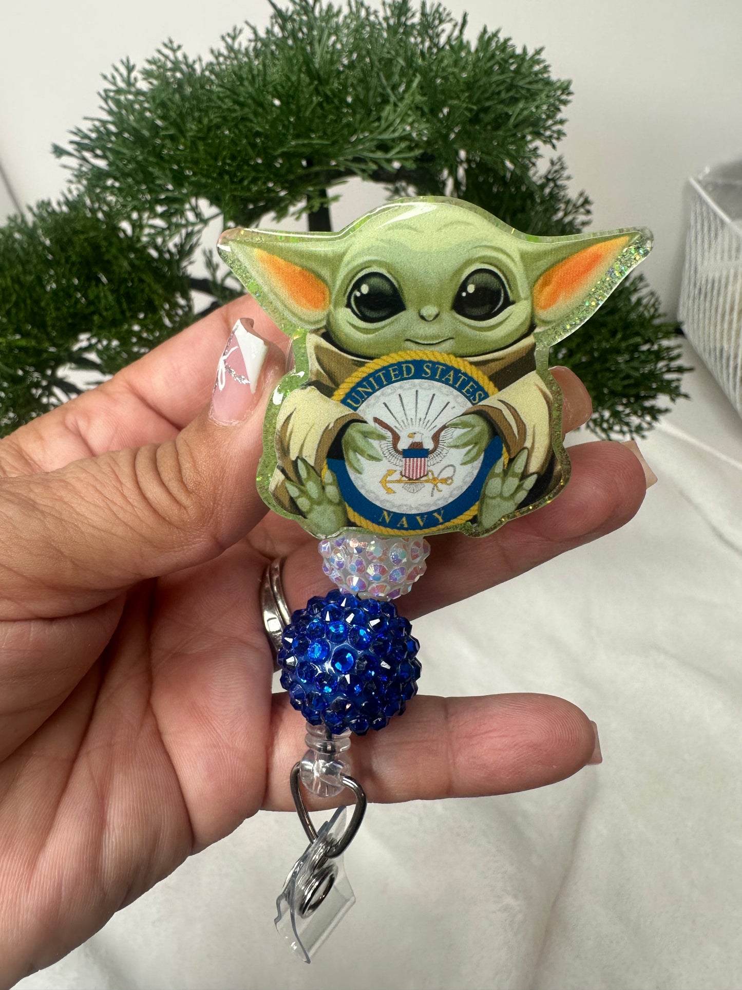 Baby Green Alien Navy Badge Reel