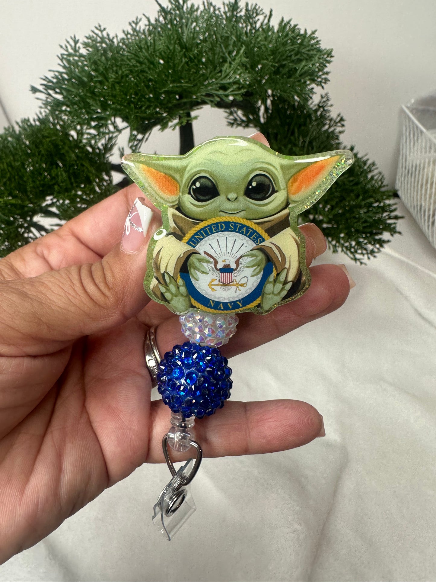 Baby Green Alien Navy Badge Reel