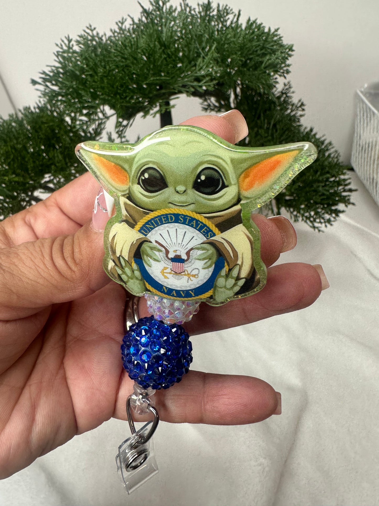 Baby Green Alien Navy Badge Reel