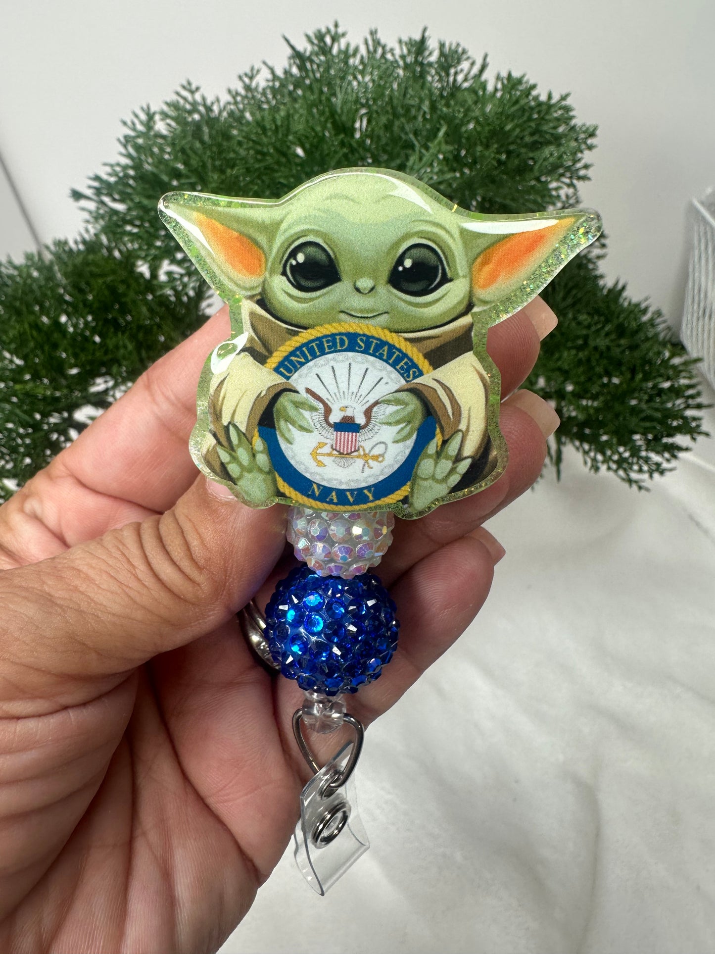 Baby Green Alien Navy Badge Reel