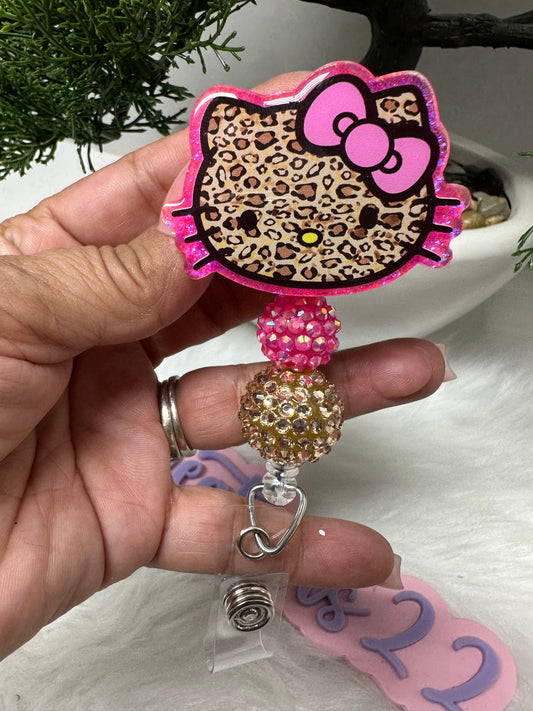 Pink Kitty Leopard Badge Reel