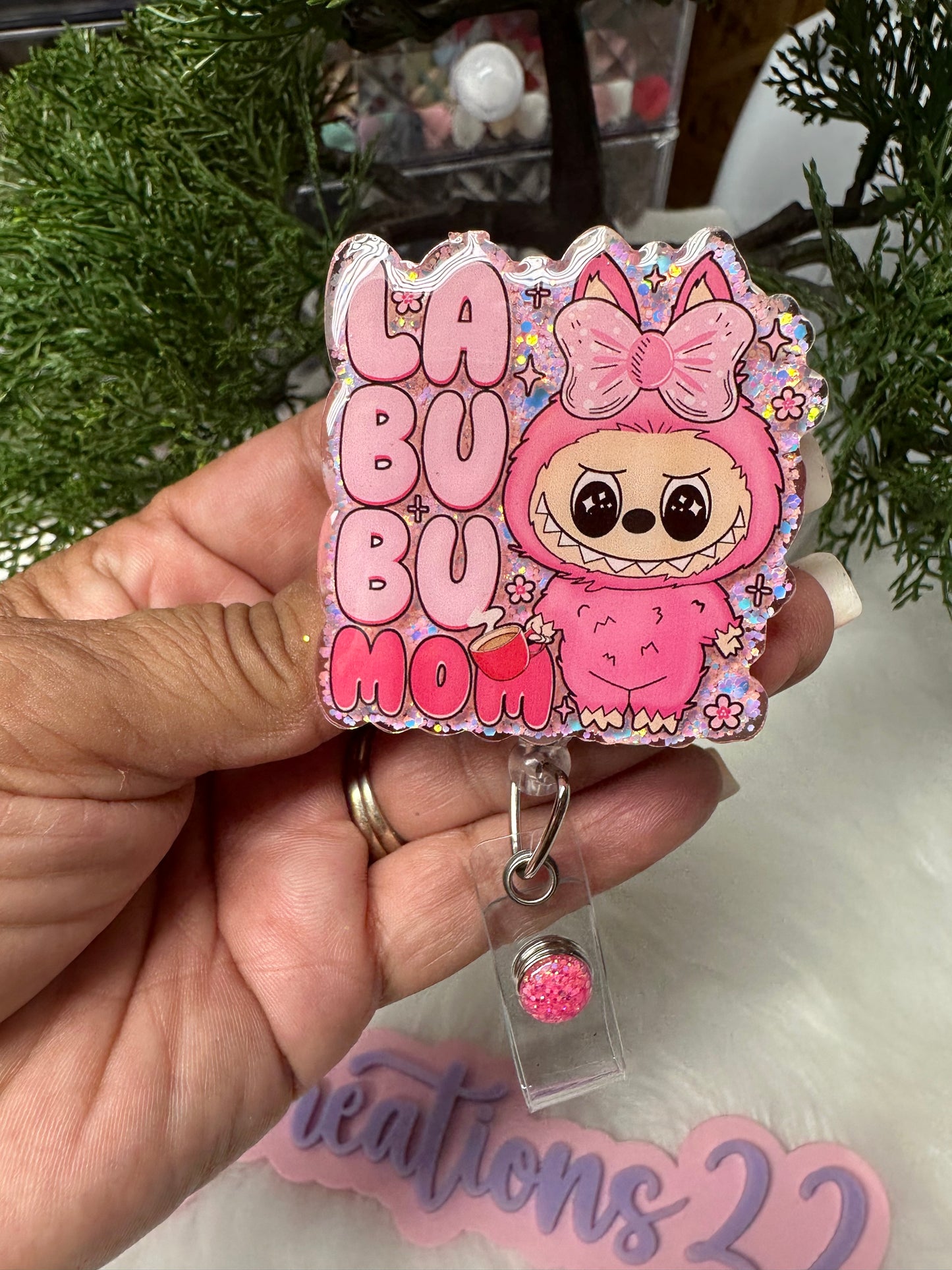 Pink Labubu Mom badge Reel