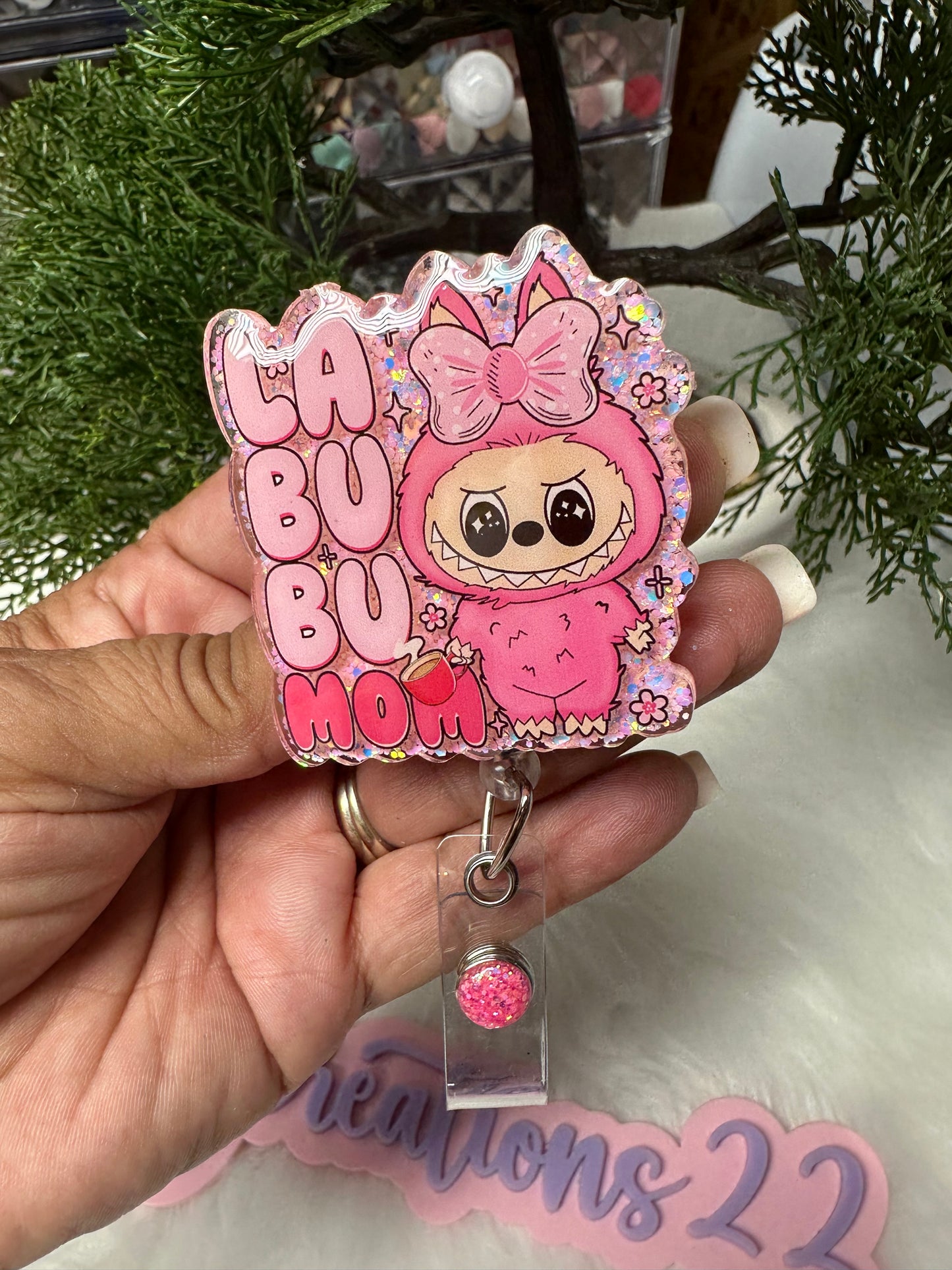 Pink Labubu Mom badge Reel
