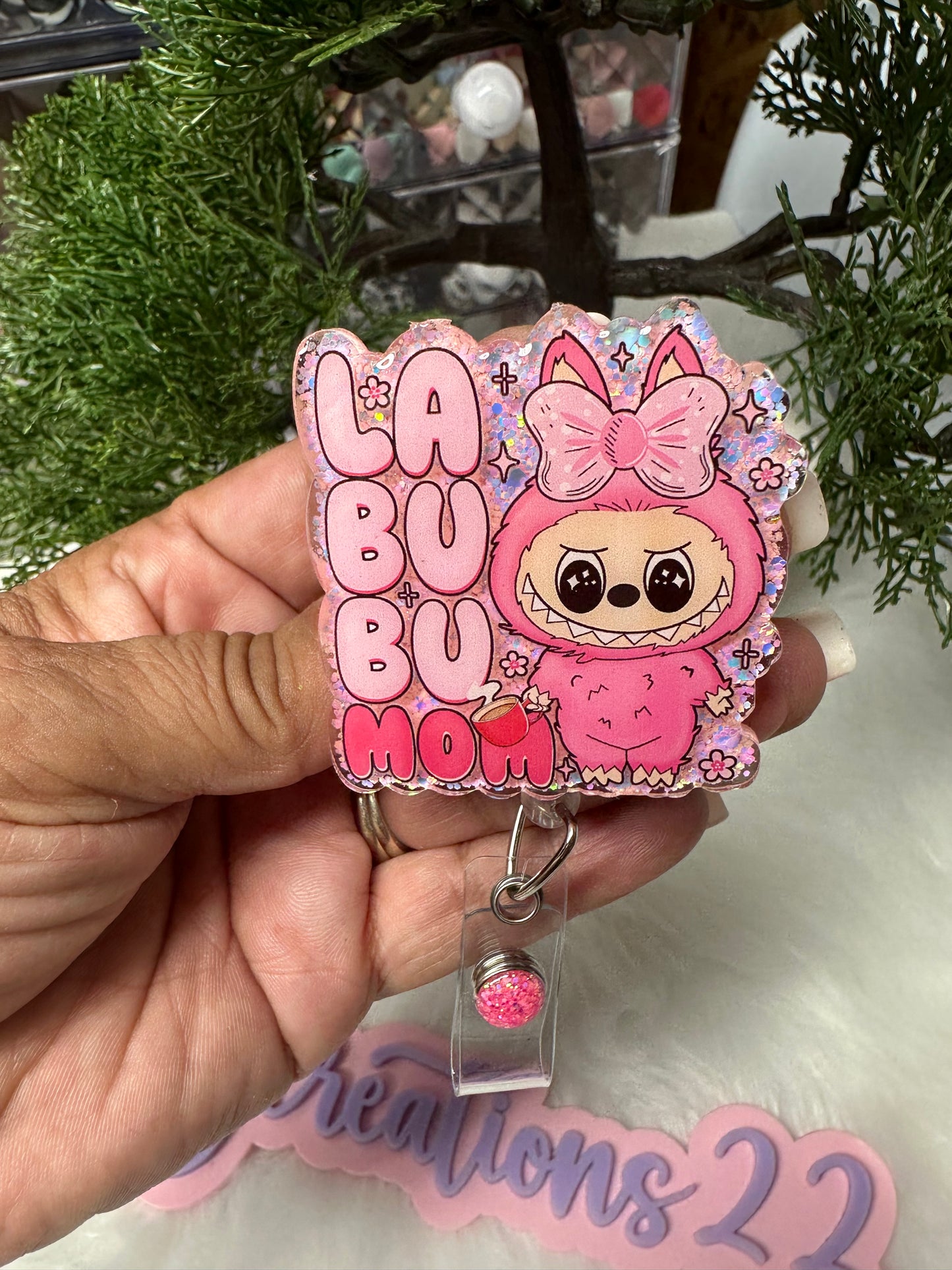 Pink Labubu Mom badge Reel