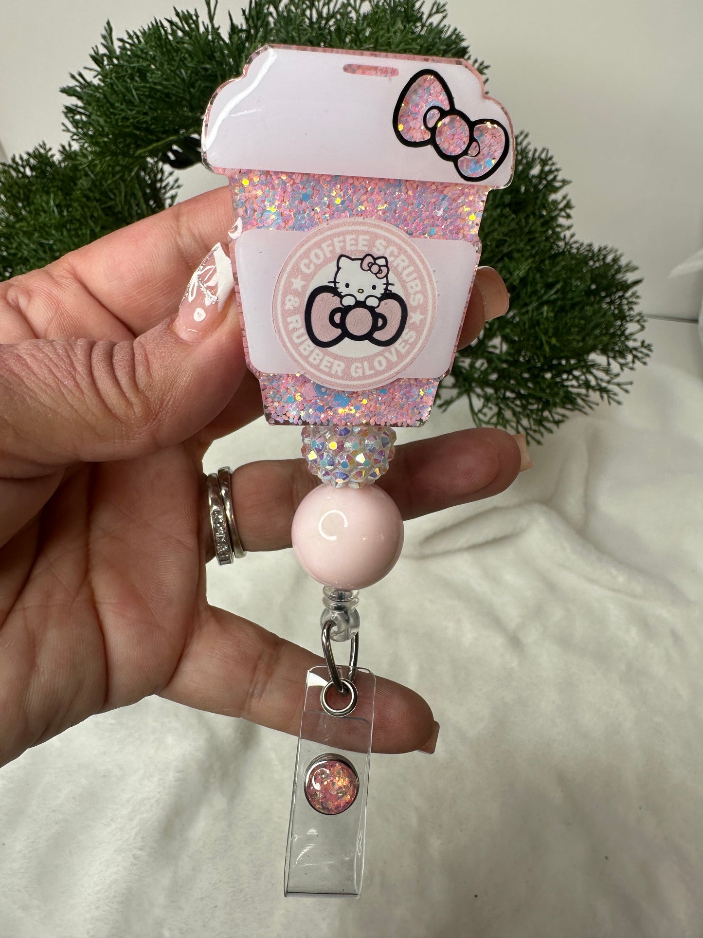 Hello Kitty Coffee Cup Badge Reel - coffee scrubs and rubber gloves badge reel - light pink kitty collection - ejcreations22