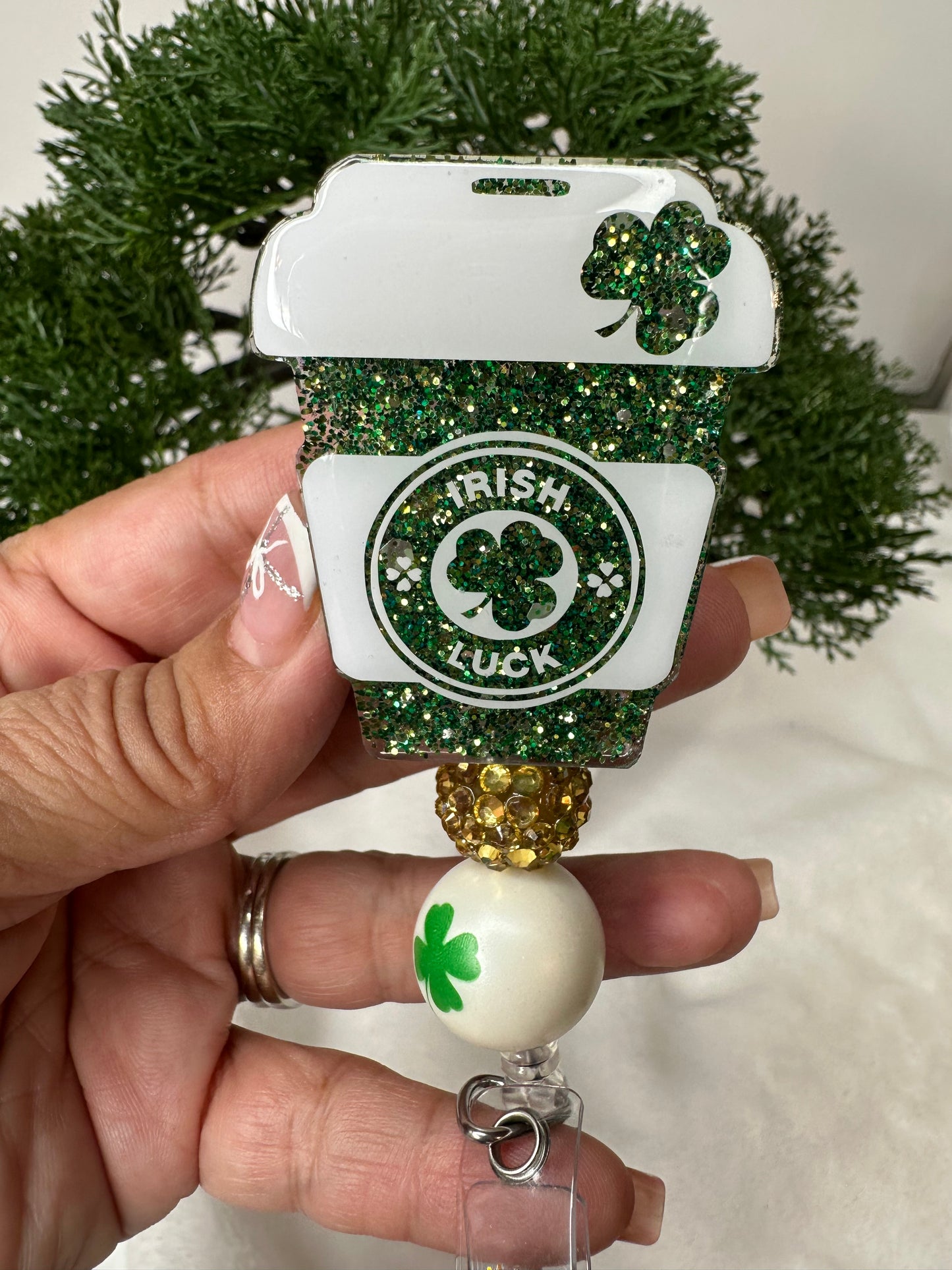 Irish Luck Coffee Cup Badge Reel