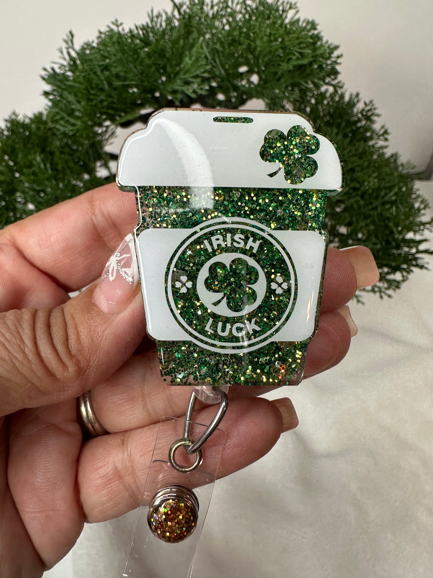Irish Luck Coffee Cup Badge Reel