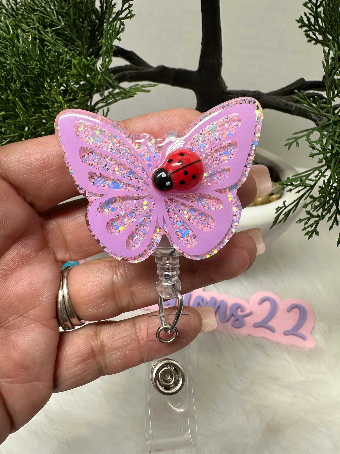 Lilac Butterfly and Ladybug Badge Reel