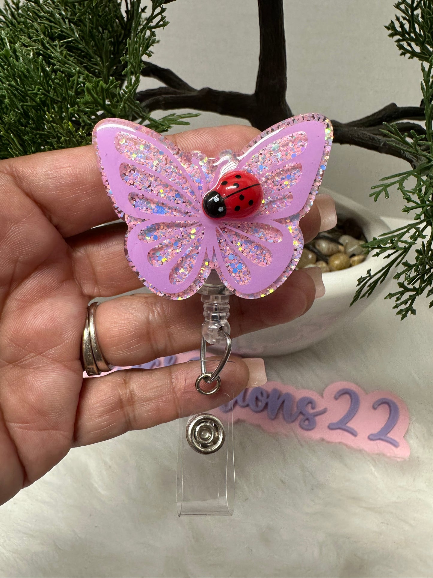 Lilac Butterfly and Ladybug Badge Reel