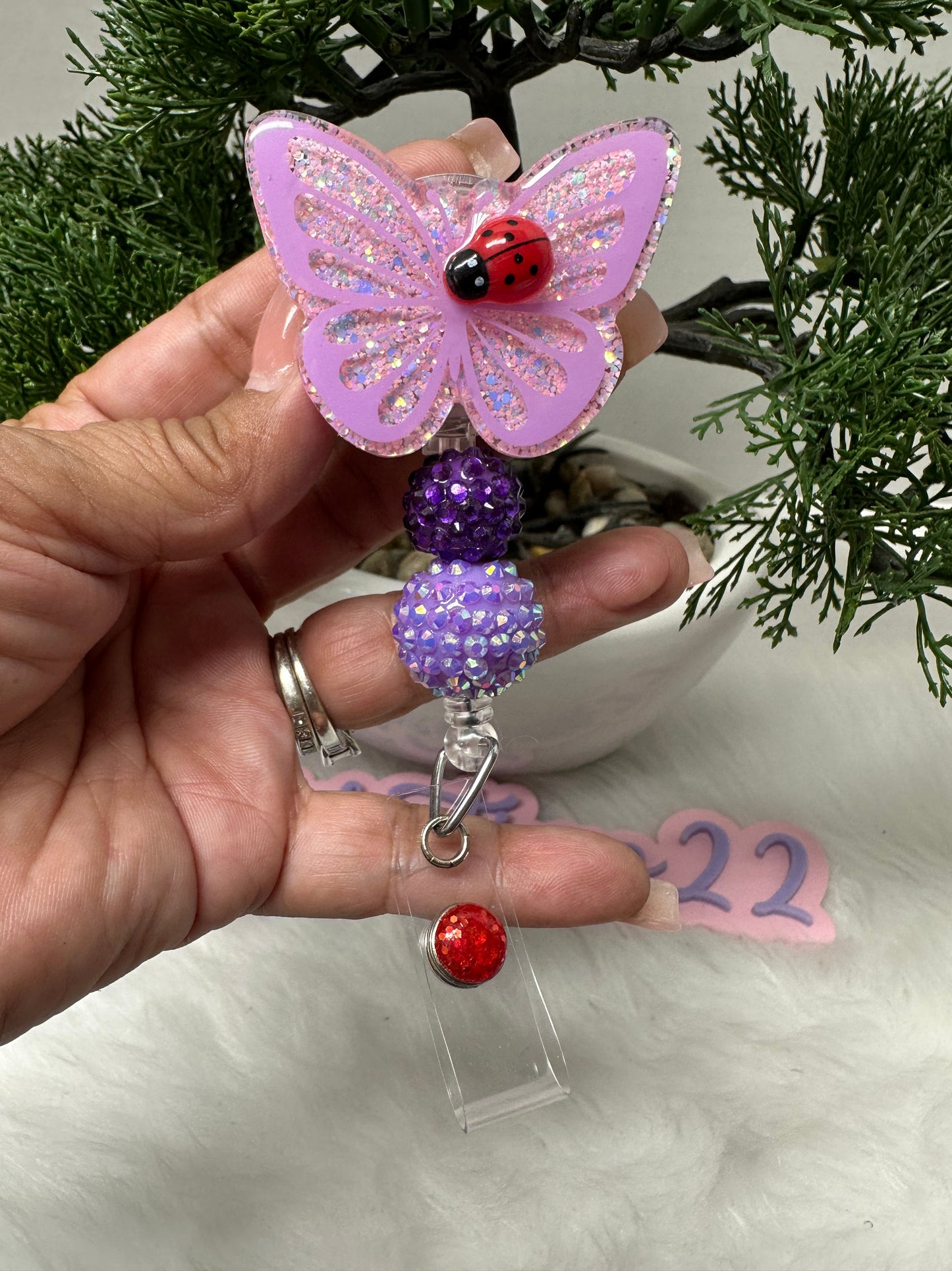 Lilac Butterfly and Ladybug Badge Reel