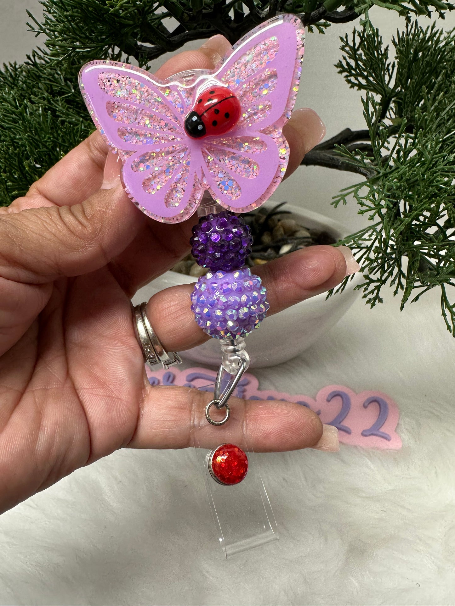 Lilac Butterfly and Ladybug Badge Reel