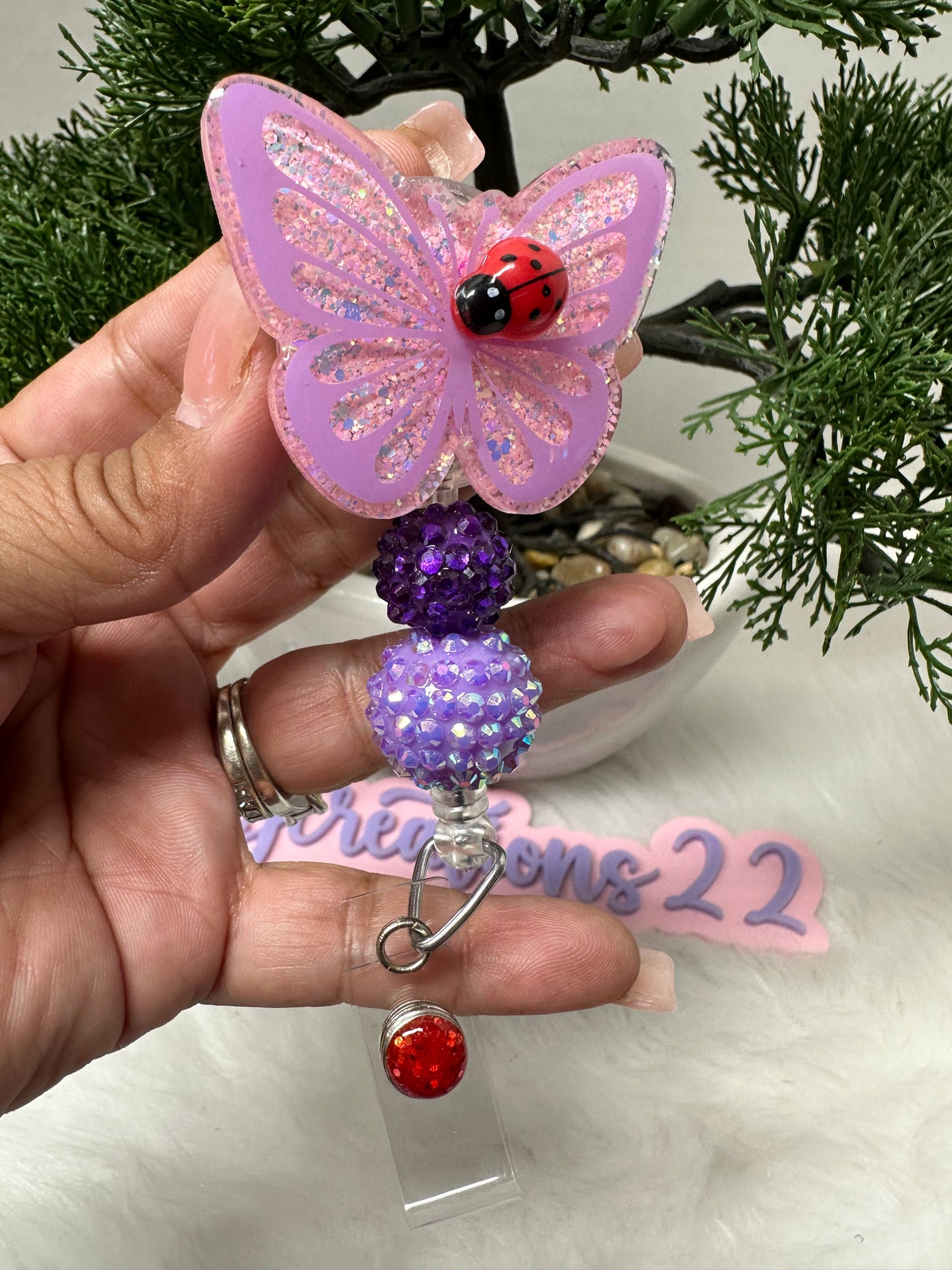 Lilac Butterfly and Ladybug Badge Reel
