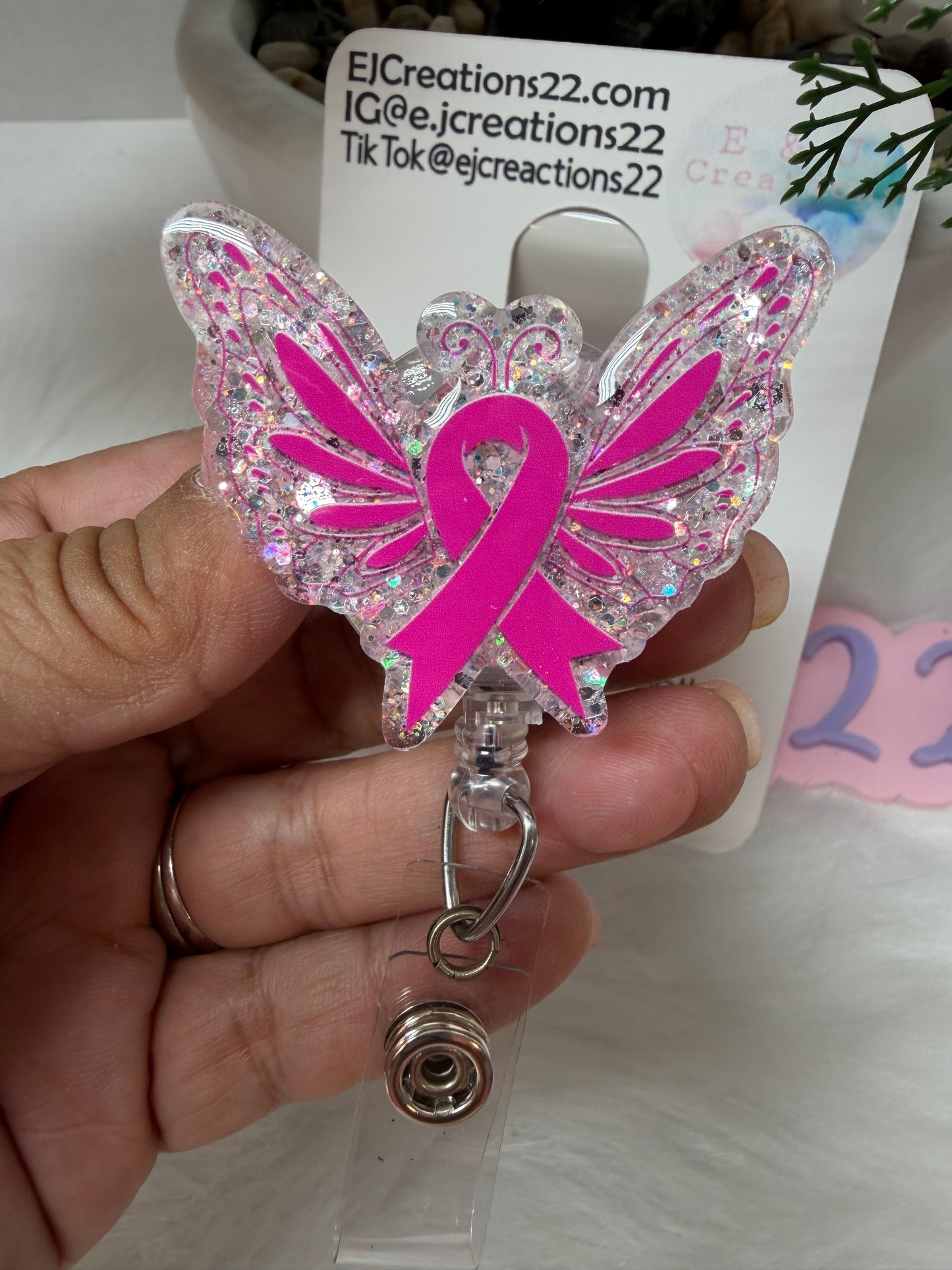 Butterfly Pink Ribbon Cancer Awareness Badge Reel
