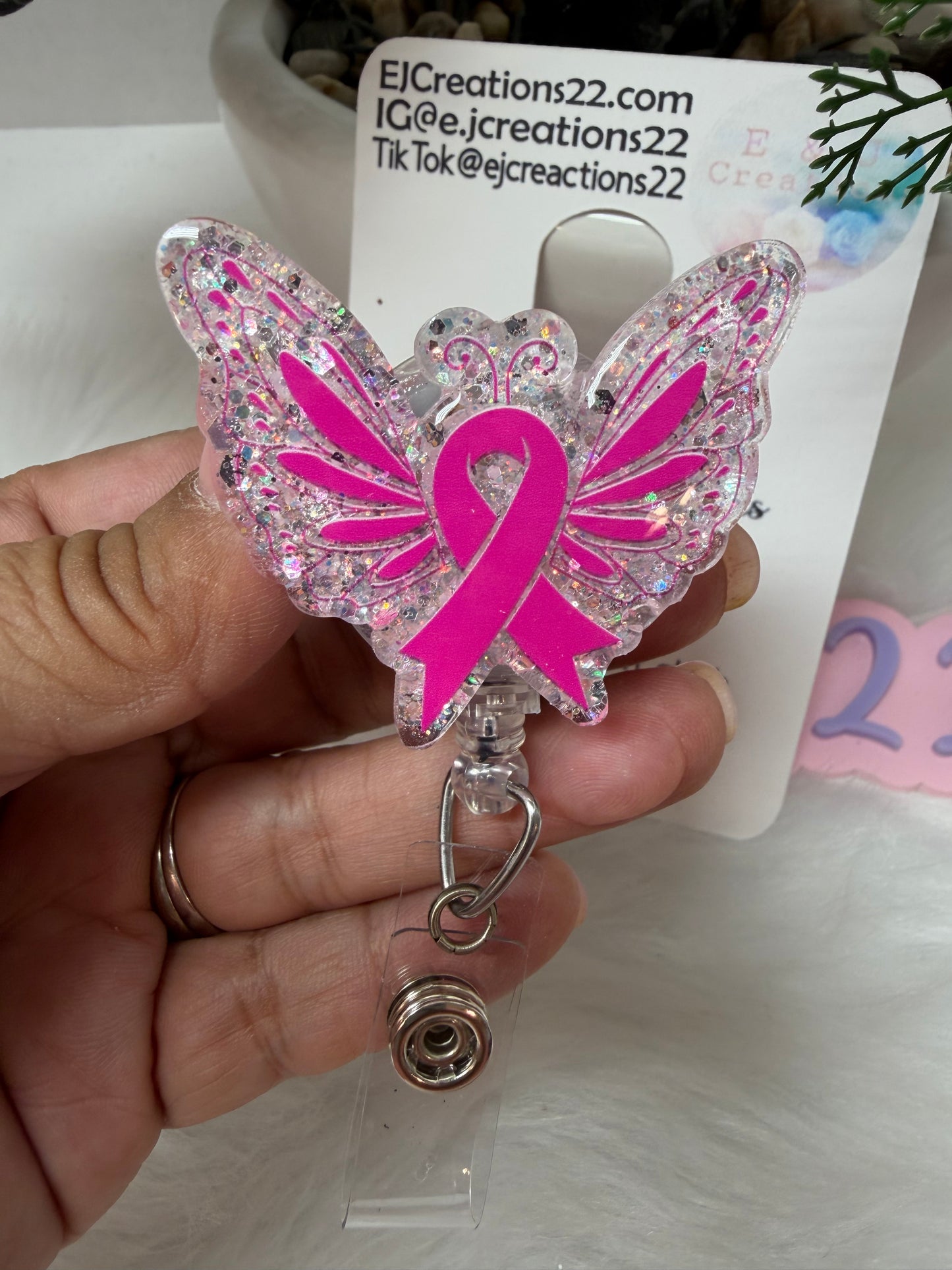 Butterfly Pink Ribbon Cancer Awareness Badge Reel