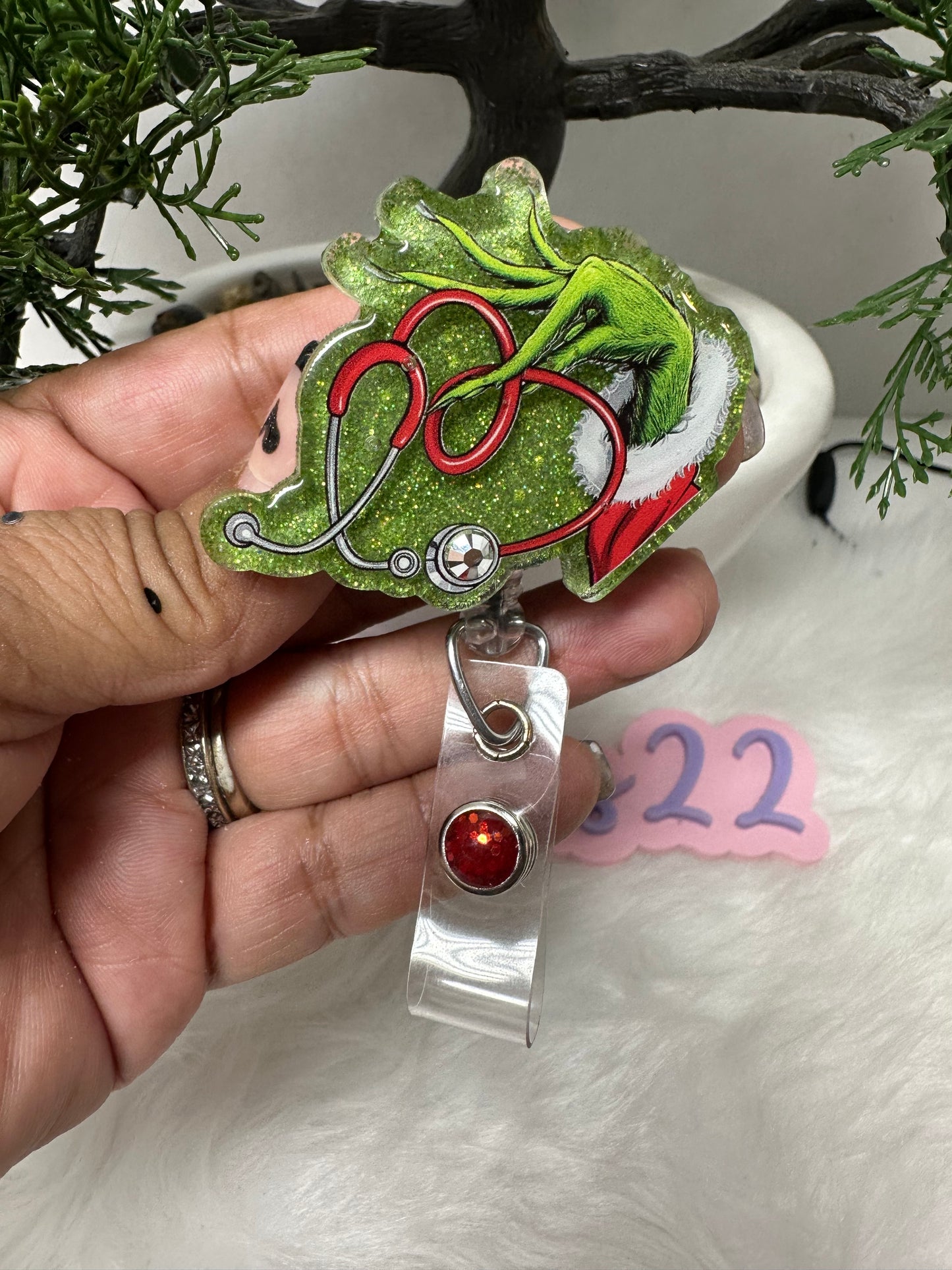 Grinch Stethoscope Hand Badge Reel