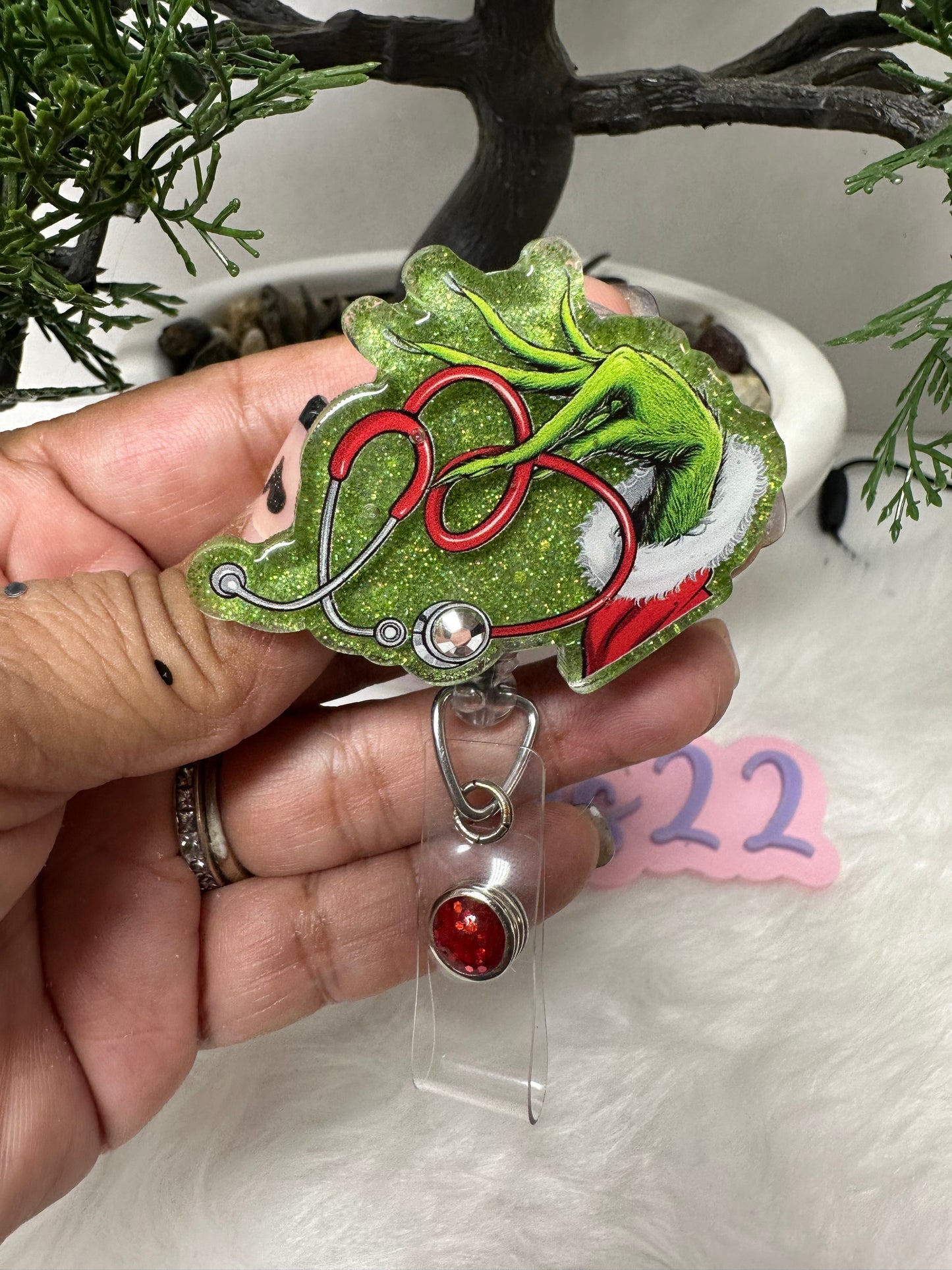 Grinch Stethoscope Hand Badge Reel