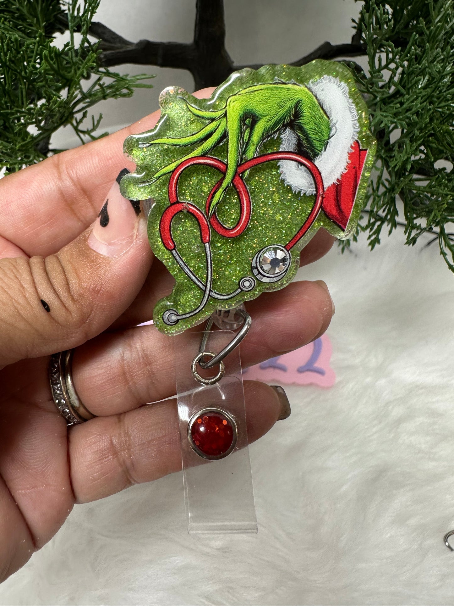 Grinch Stethoscope Hand Badge Reel