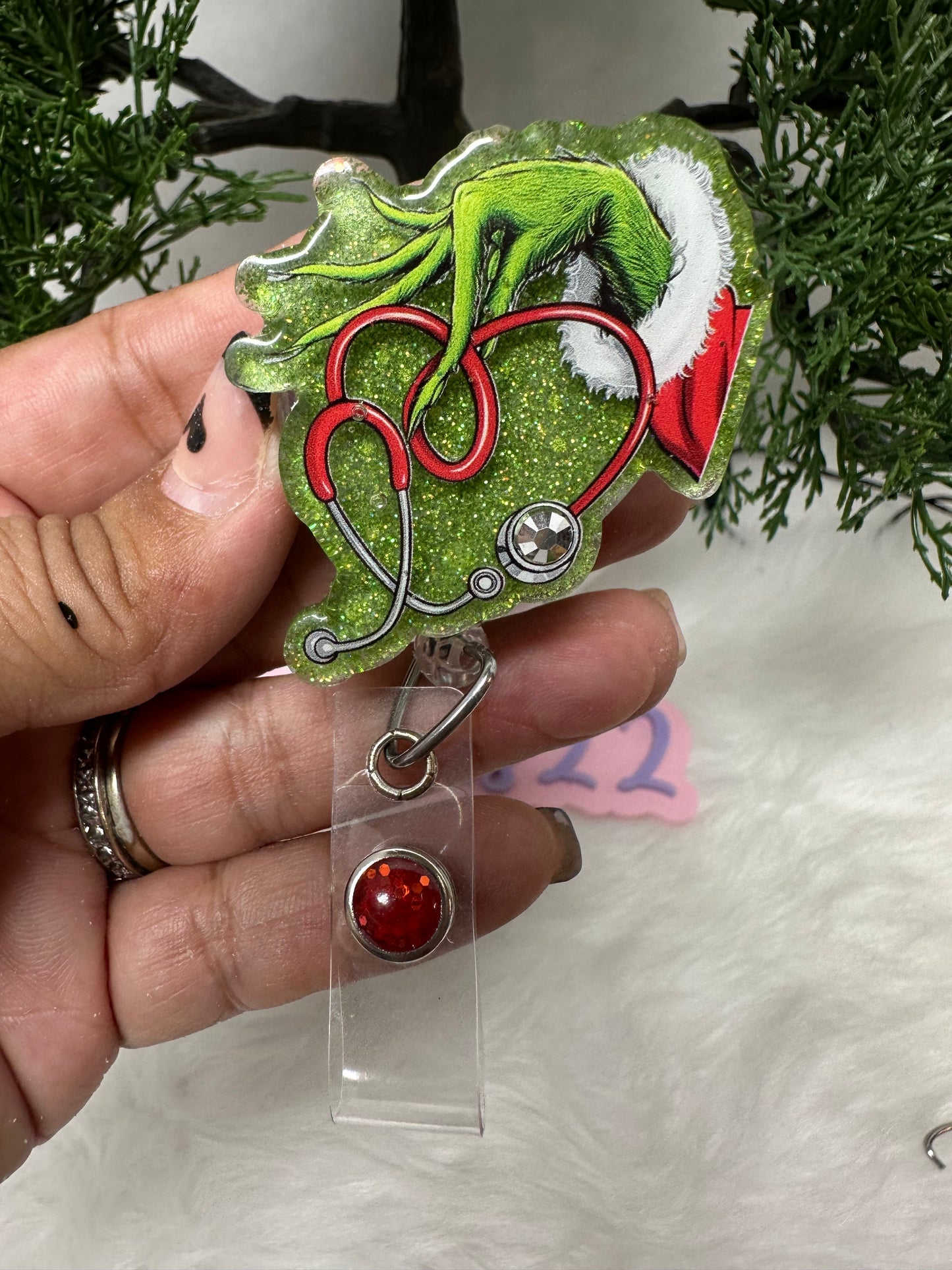 Grinch Stethoscope Hand Badge Reel
