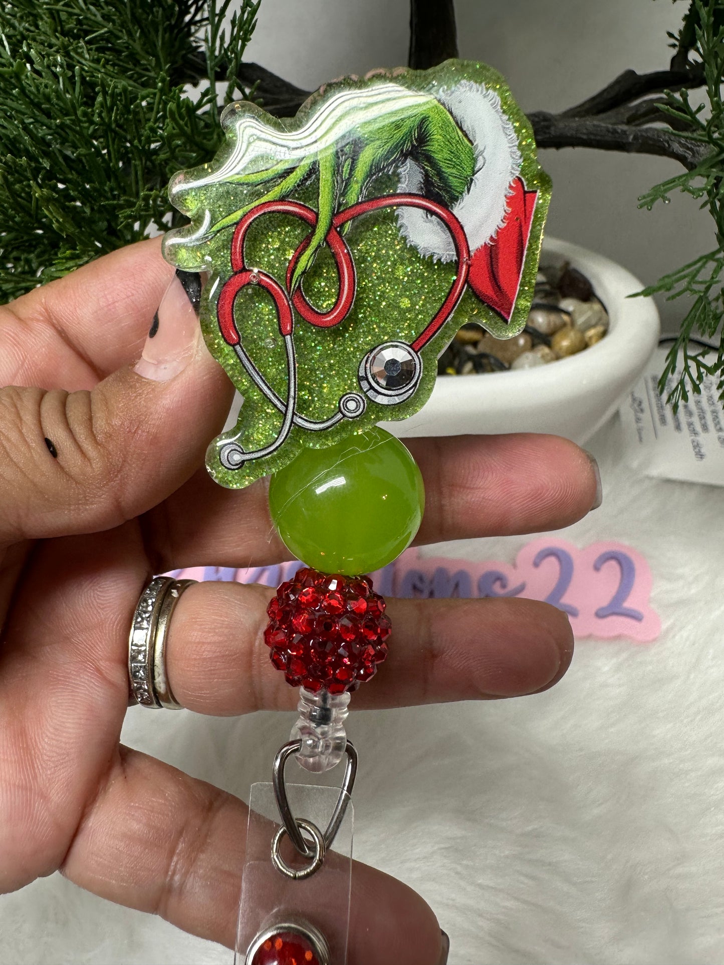 Grinch Stethoscope Hand Badge Reel