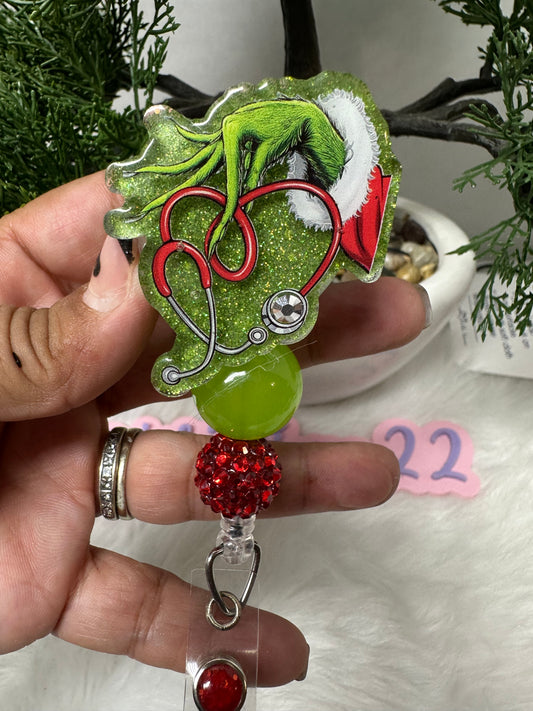 Grinch Stethoscope Hand Badge Reel