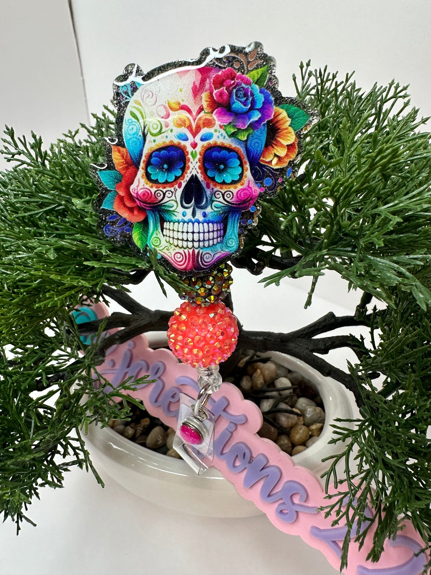 Colorful Sugar Skull Badge Reel– Día de los muertos Skull