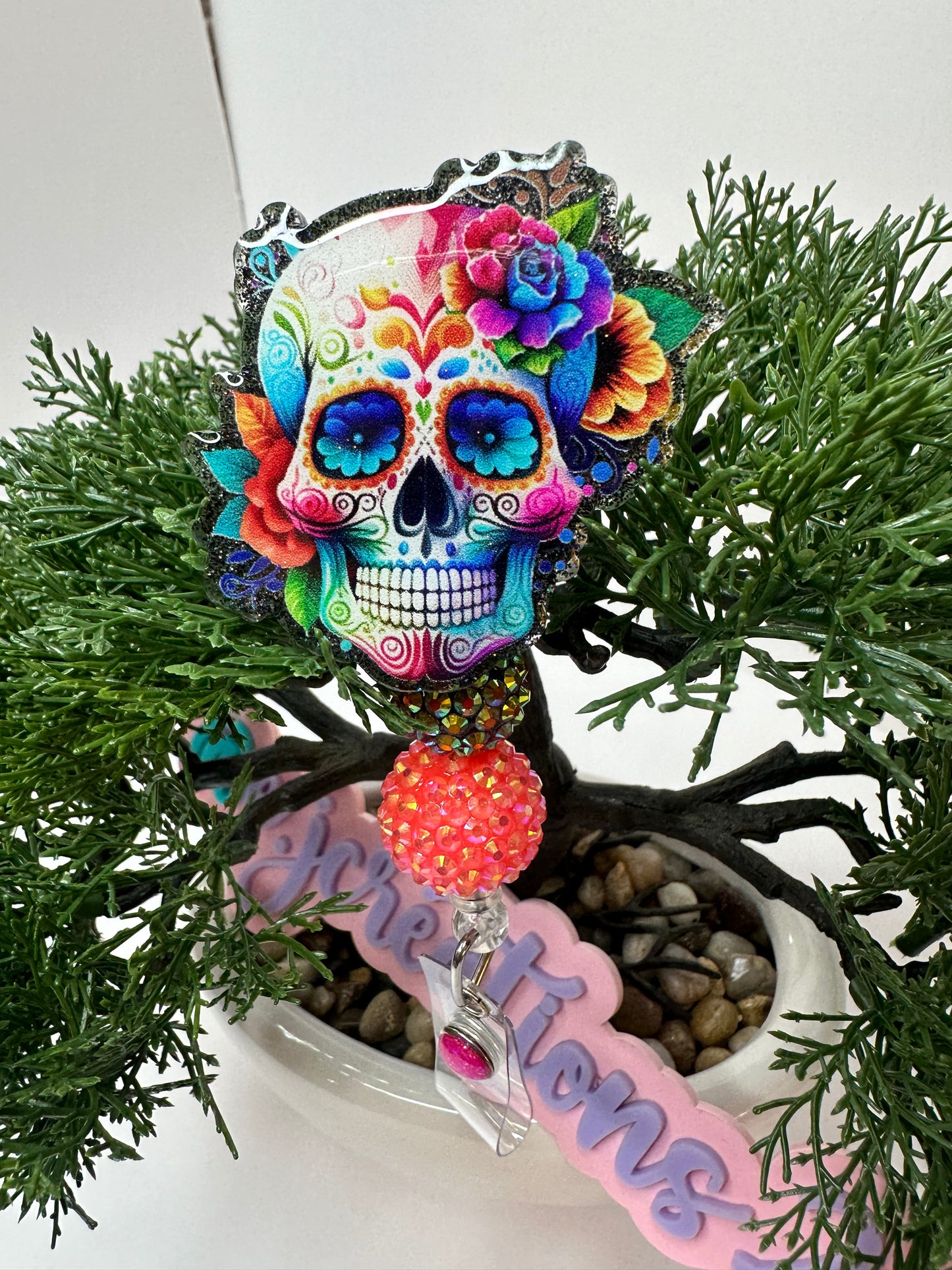 Colorful Sugar Skull Badge Reel– Día de los muertos Skull