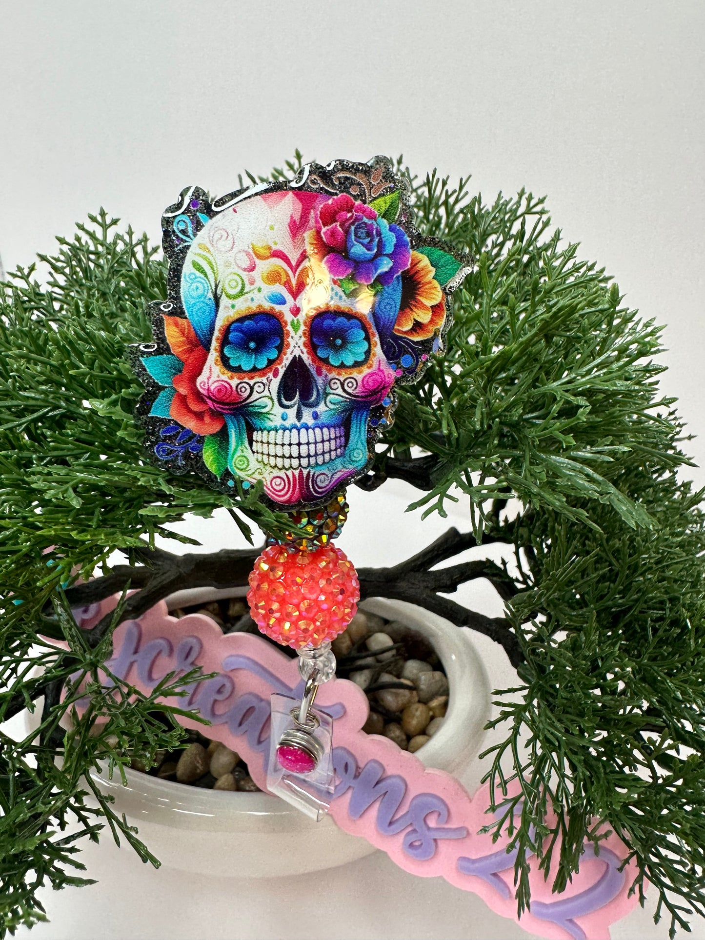 Colorful Sugar Skull Badge Reel– Día de los muertos Skull