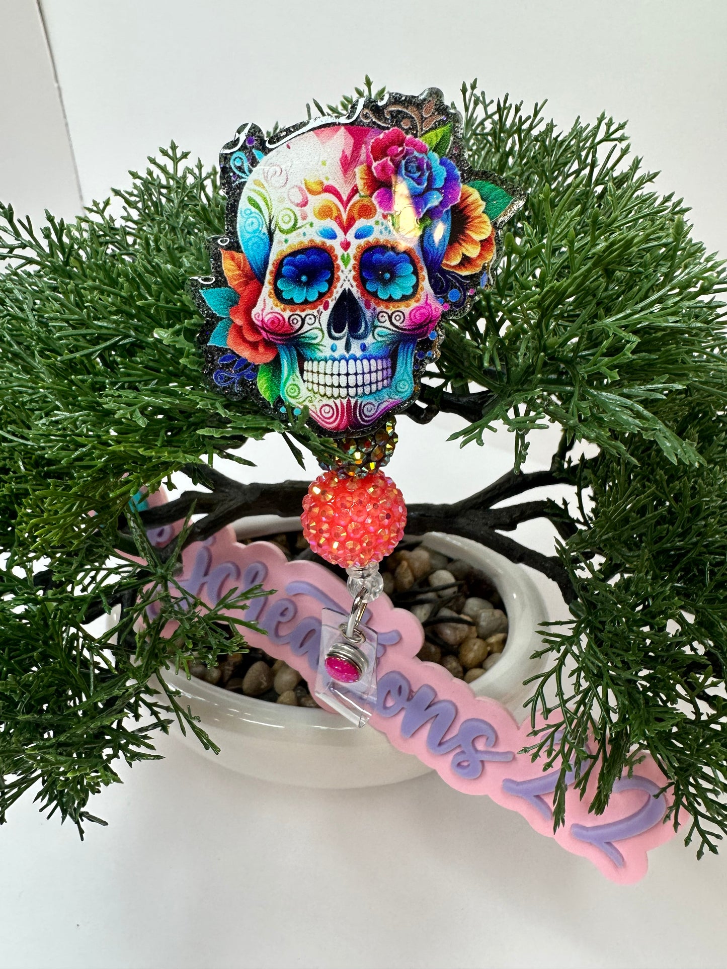 Colorful Sugar Skull Badge Reel– Día de los muertos Skull