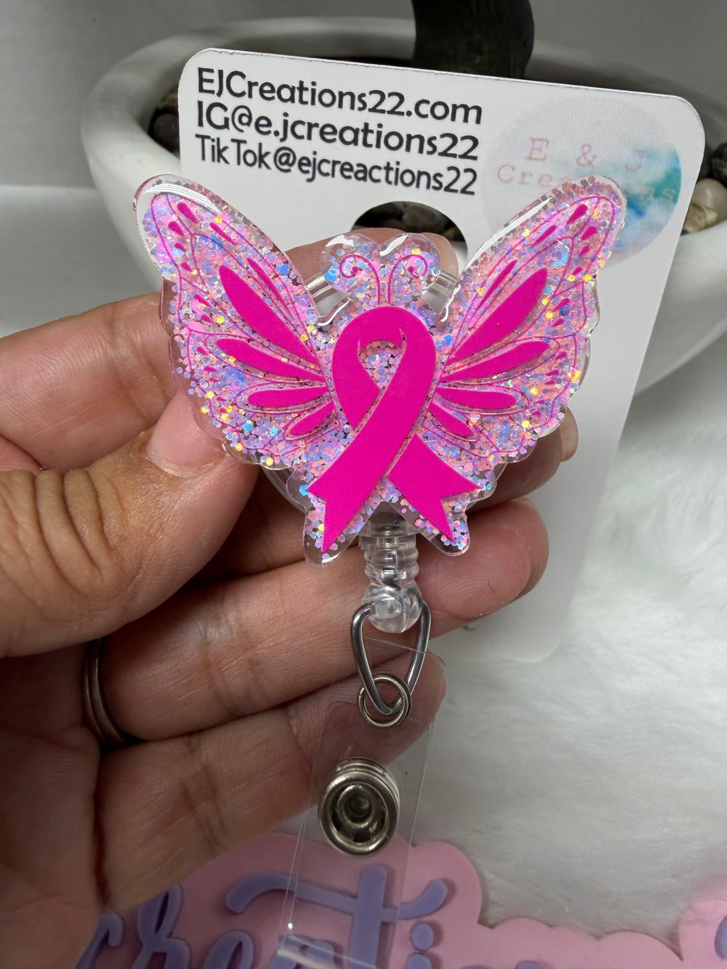 Butterfly Pink Ribbon Cancer Awareness Badge Reel