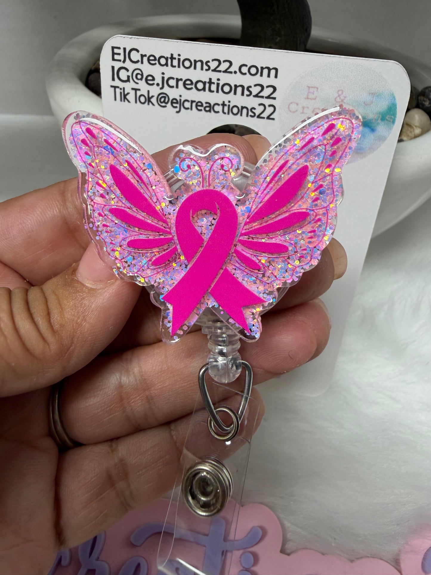 Butterfly Pink Ribbon Cancer Awareness Badge Reel