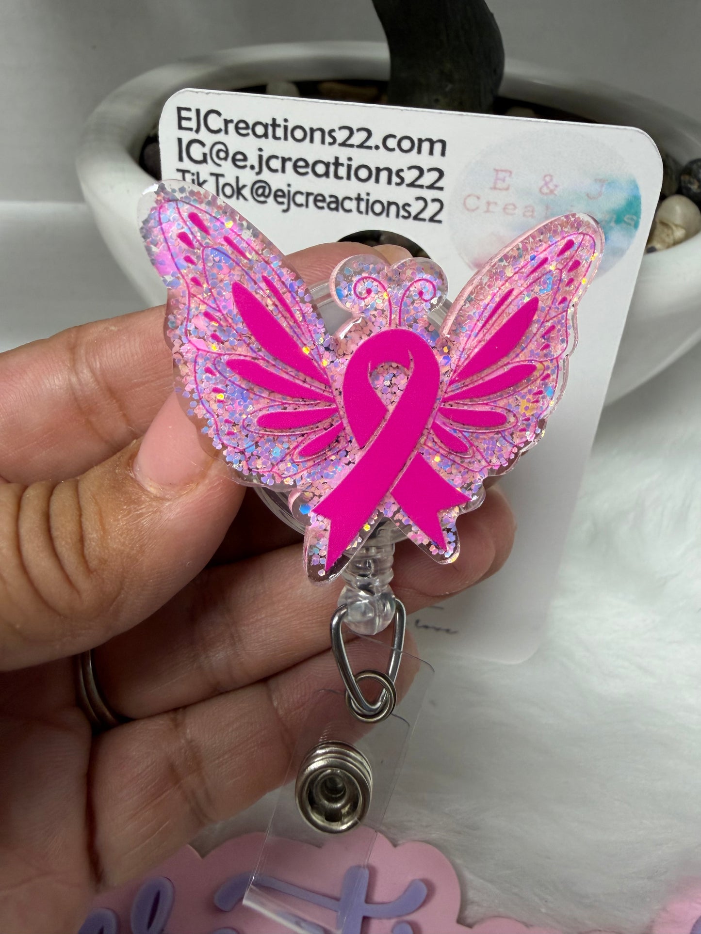 Butterfly Pink Ribbon Cancer Awareness Badge Reel