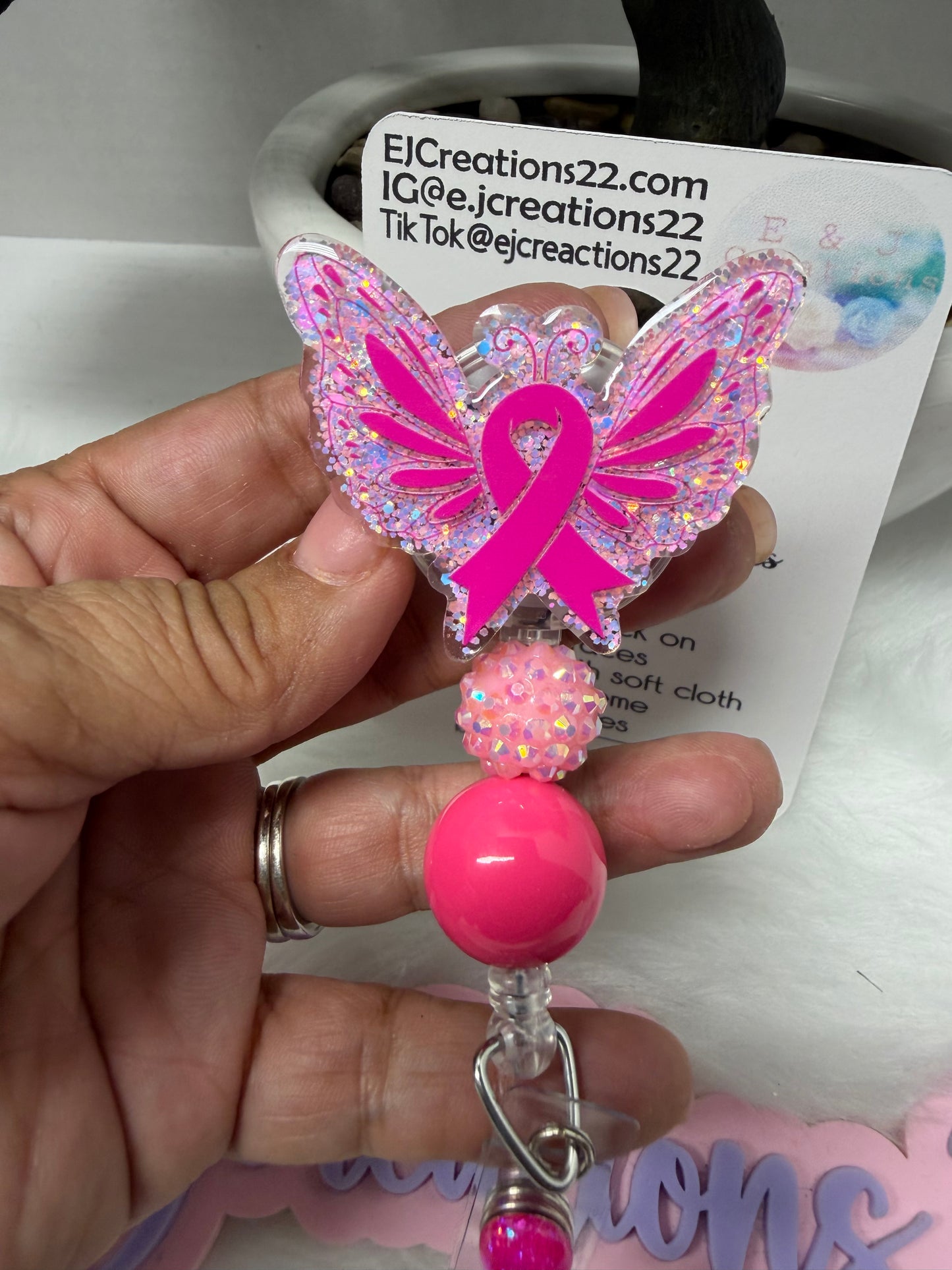 Butterfly Pink Ribbon Cancer Awareness Badge Reel