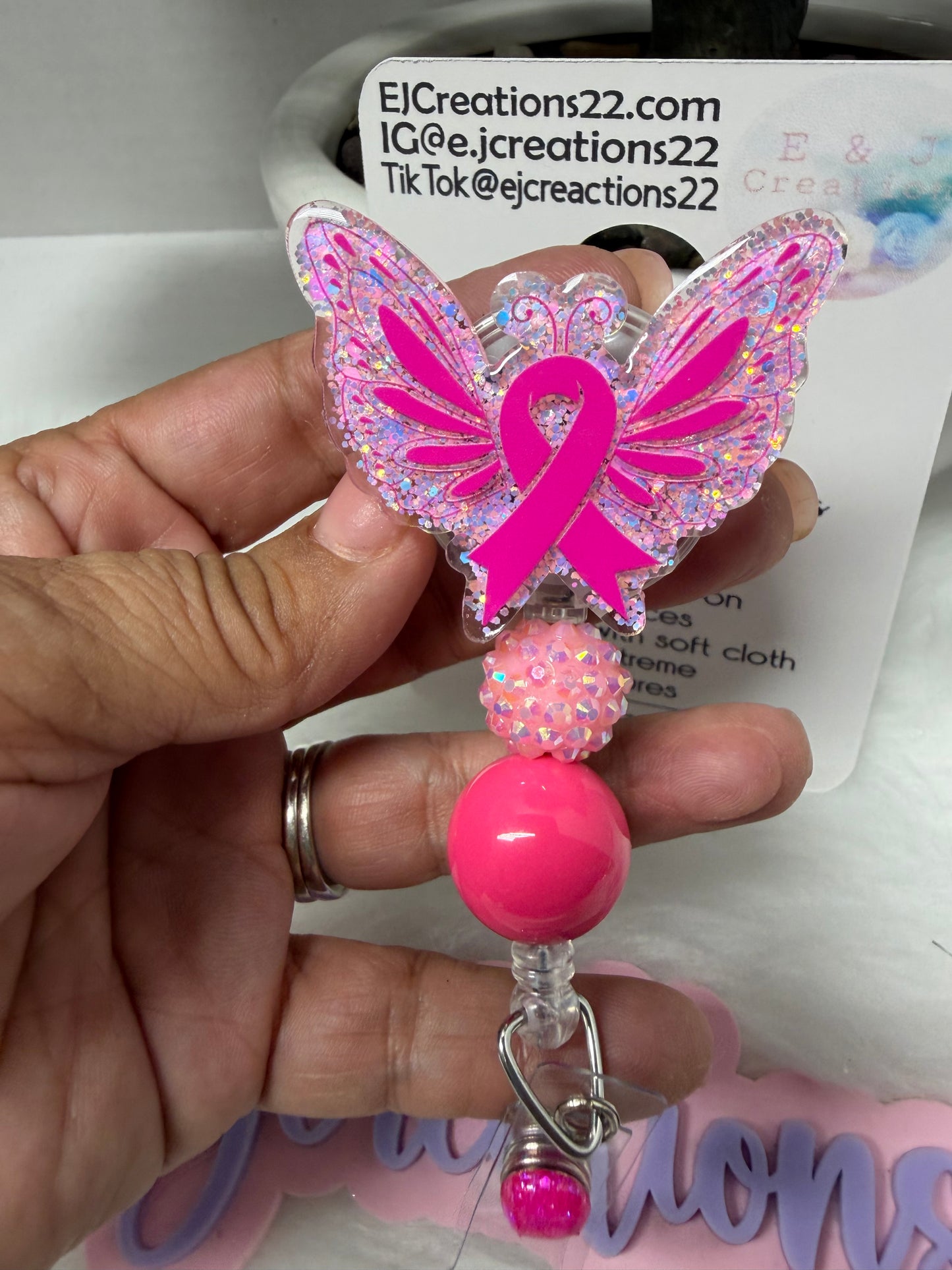 Butterfly Pink Ribbon Cancer Awareness Badge Reel