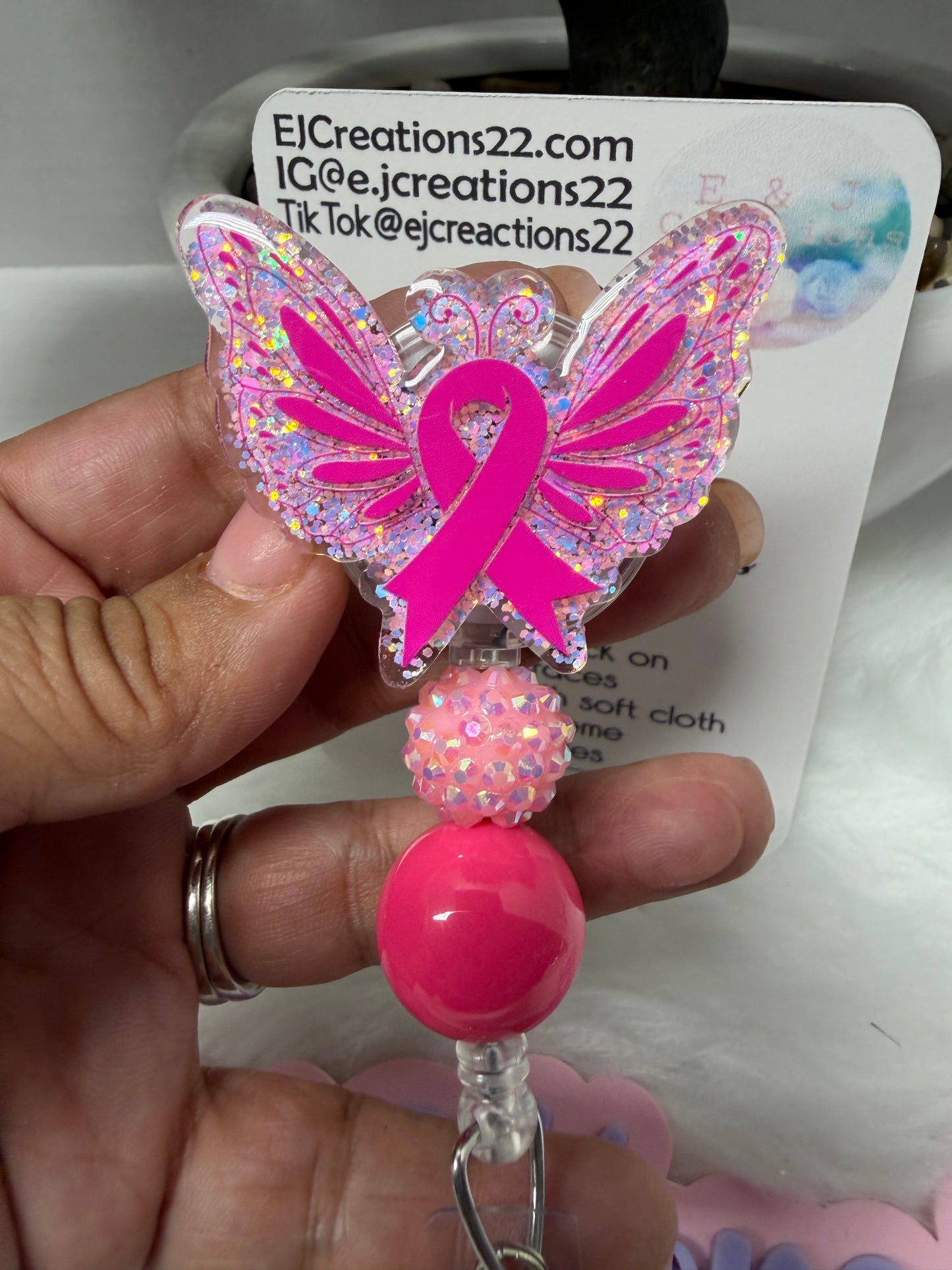 Butterfly Pink Ribbon Cancer Awareness Badge Reel