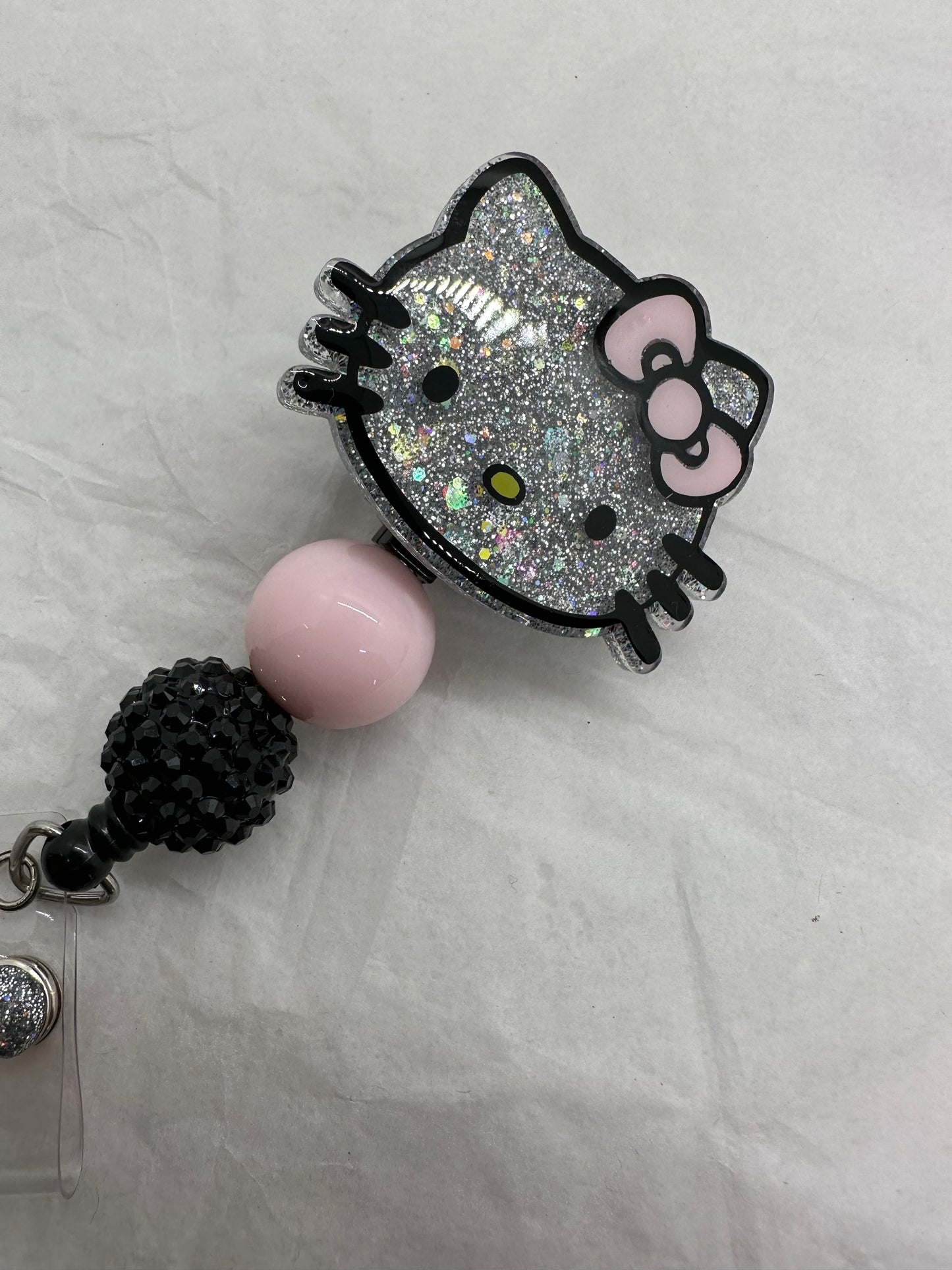 Holographic Silver Kitty Face Badge Reel