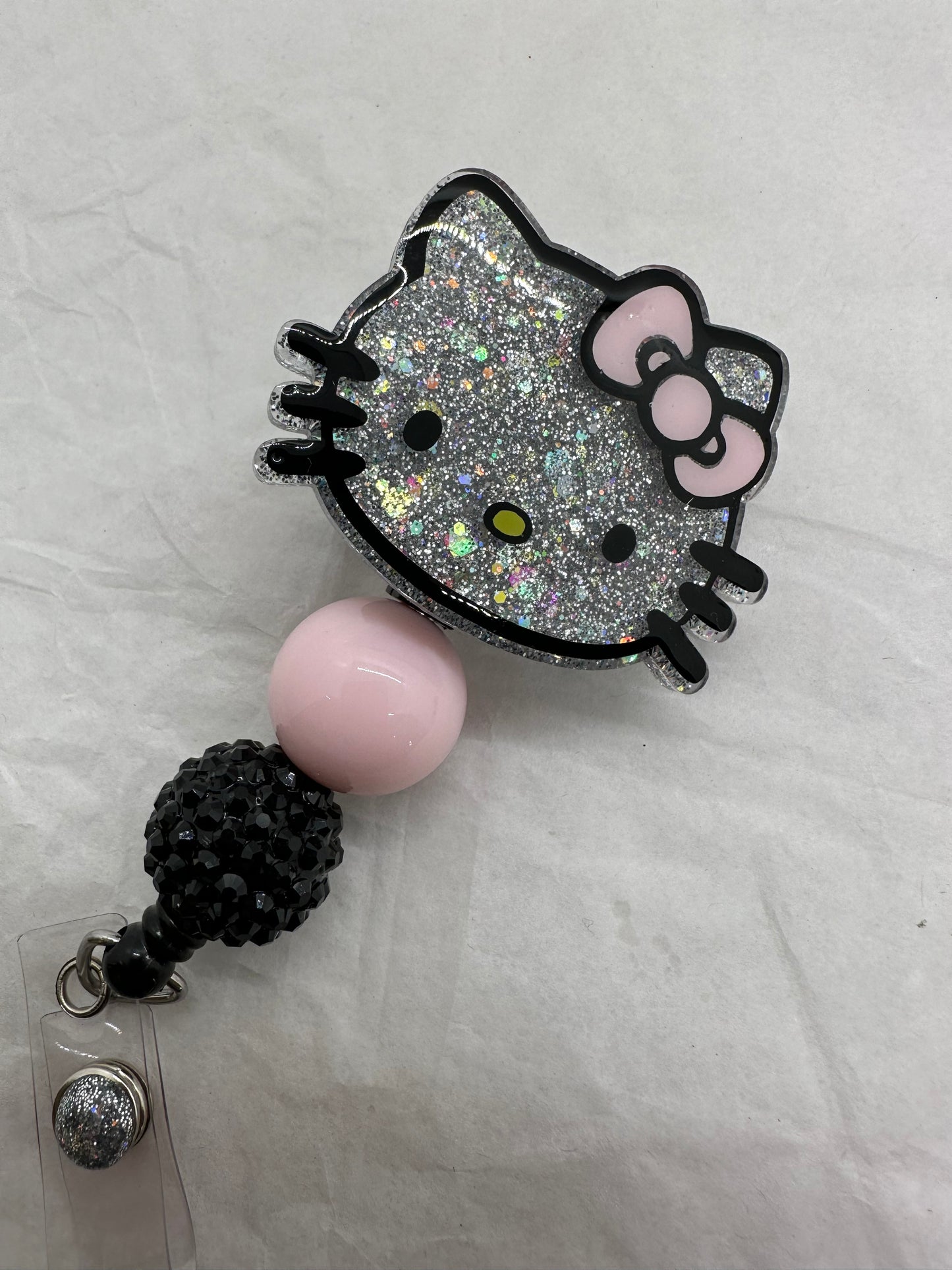 Holographic Silver Kitty Face Badge Reel