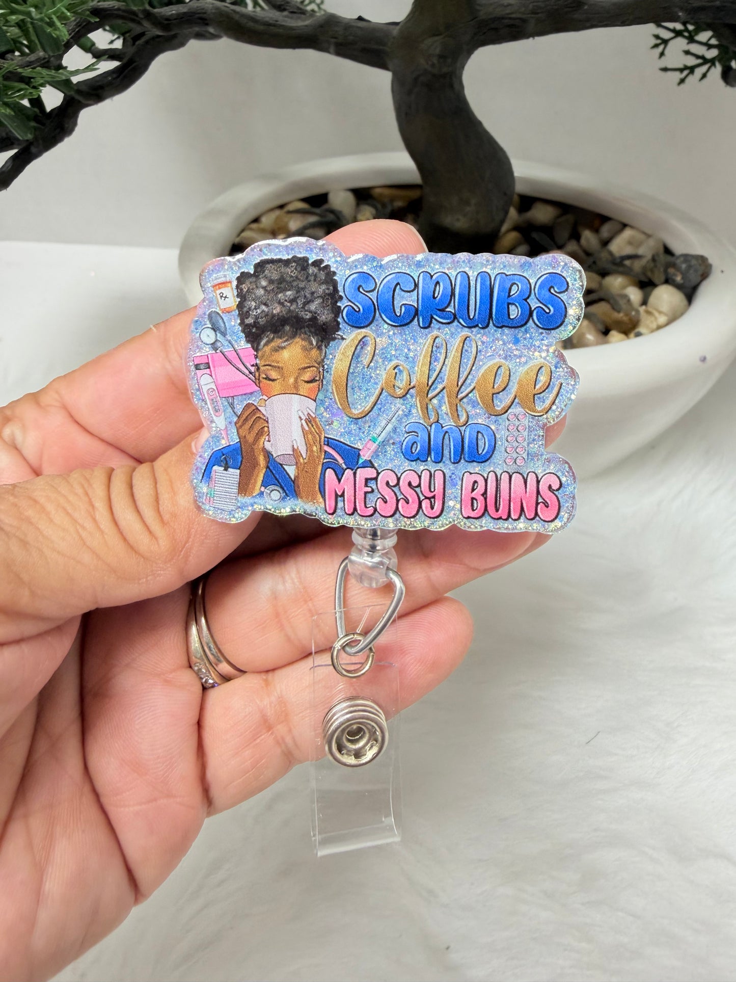 Scrubs Coffee and Messy Bun Badge Reel