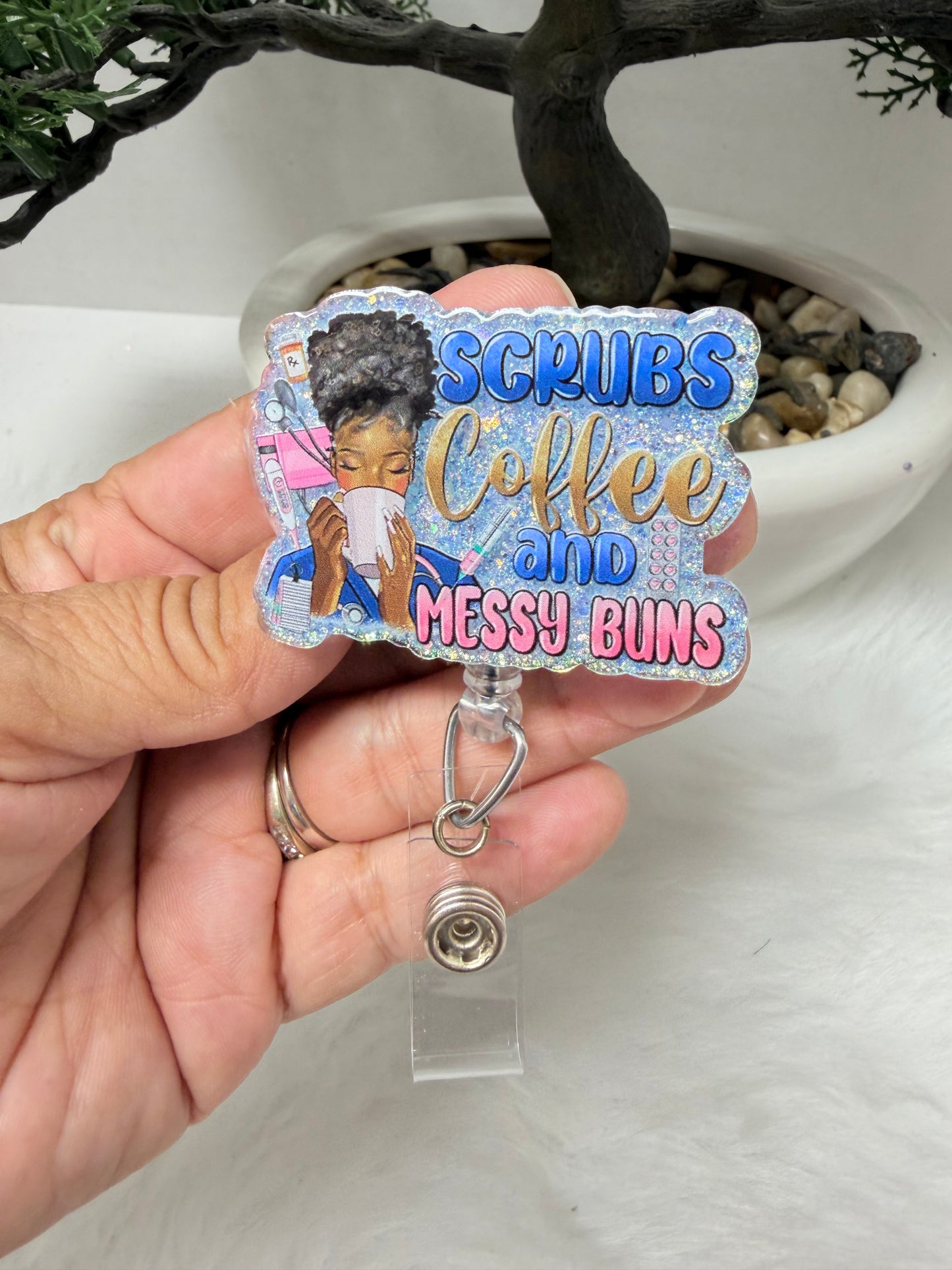 Scrubs Coffee and Messy Bun Badge Reel