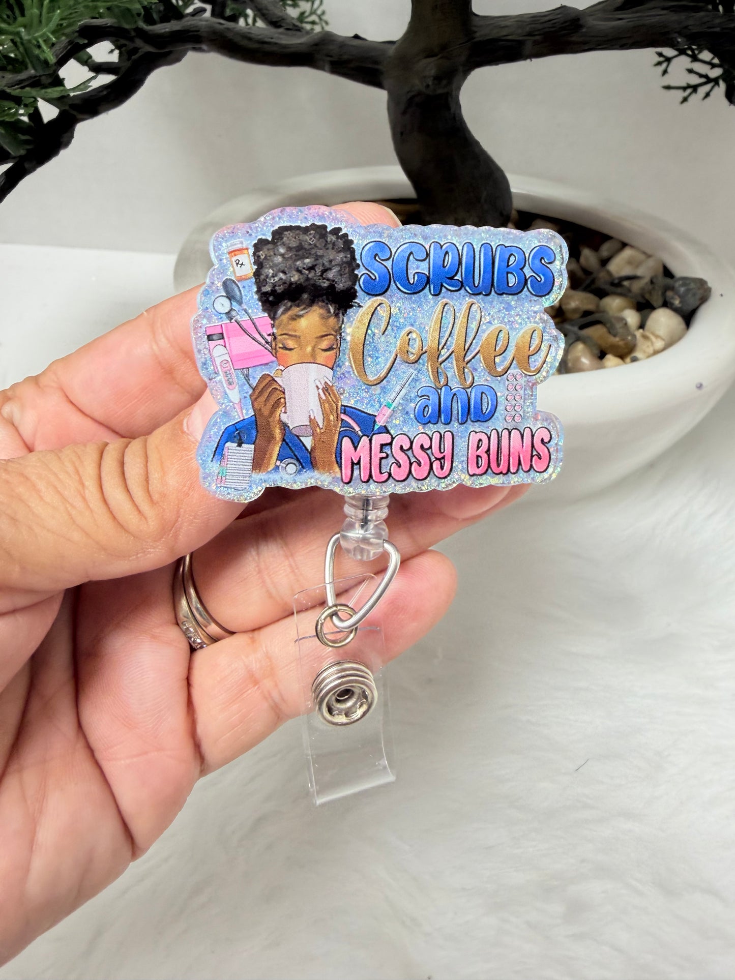 Scrubs Coffee and Messy Bun Badge Reel
