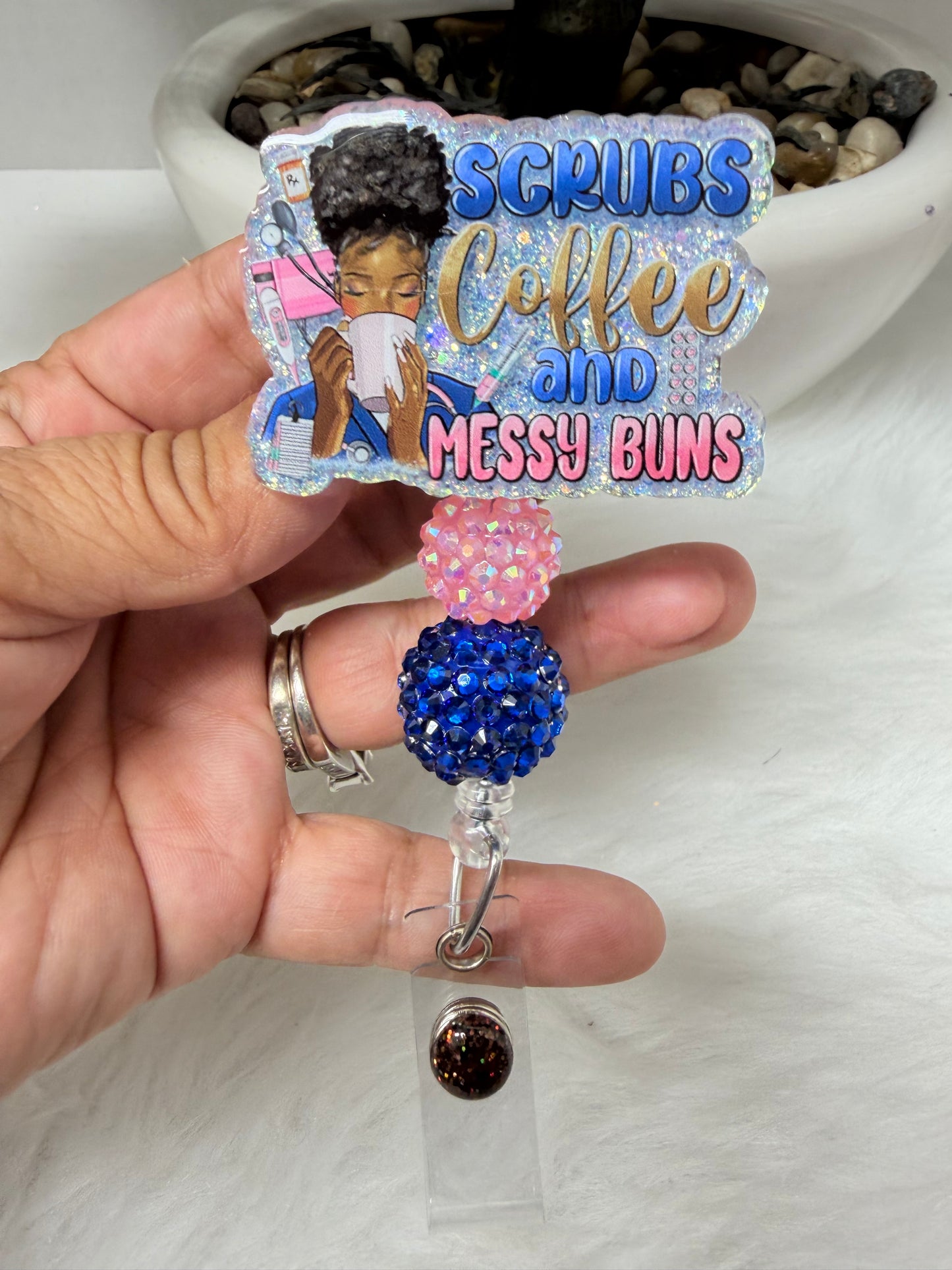 Scrubs Coffee and Messy Bun Badge Reel